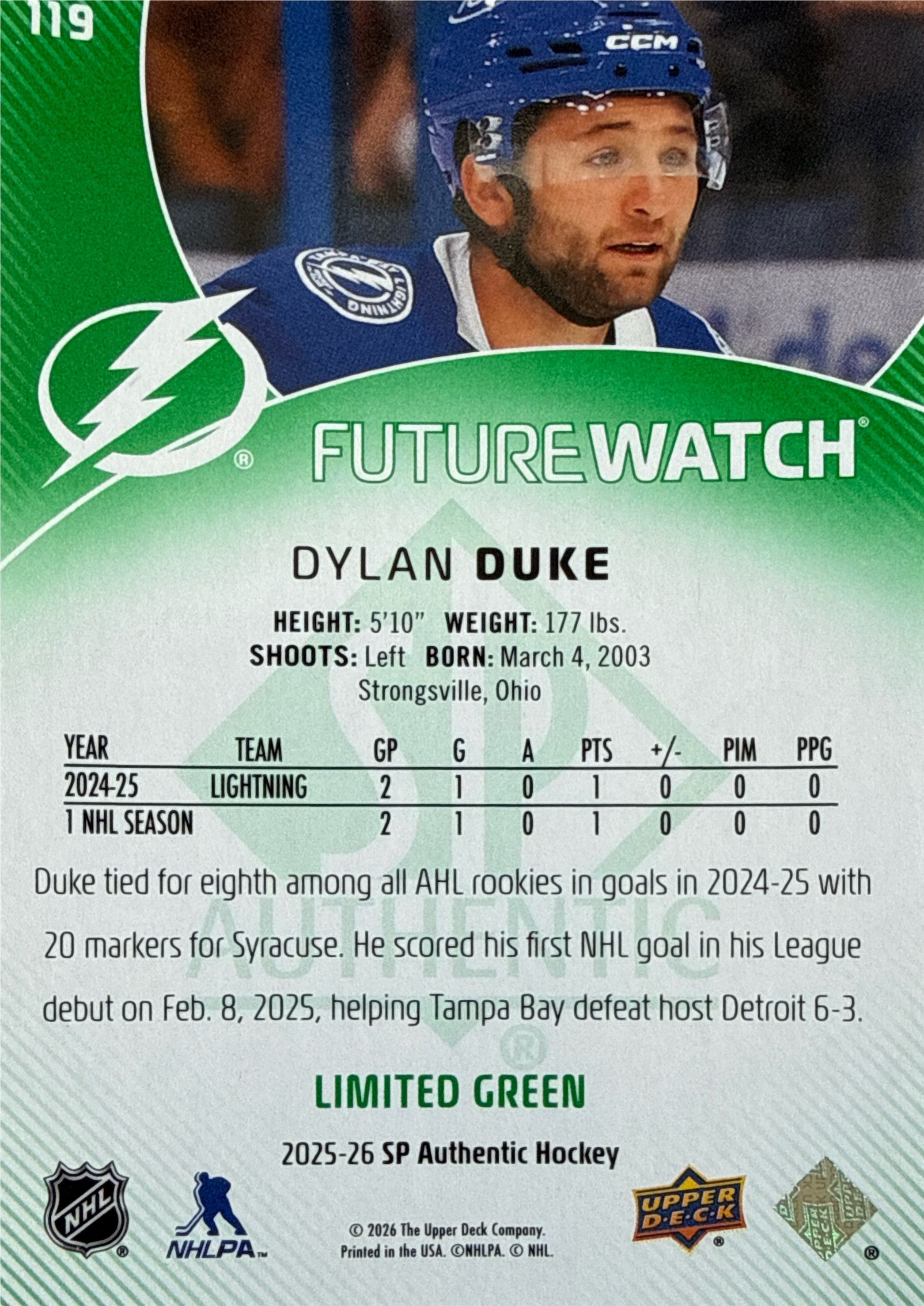 2025-2026 SP Authentic Dylan Duke Future Watch Limited Green 103/199