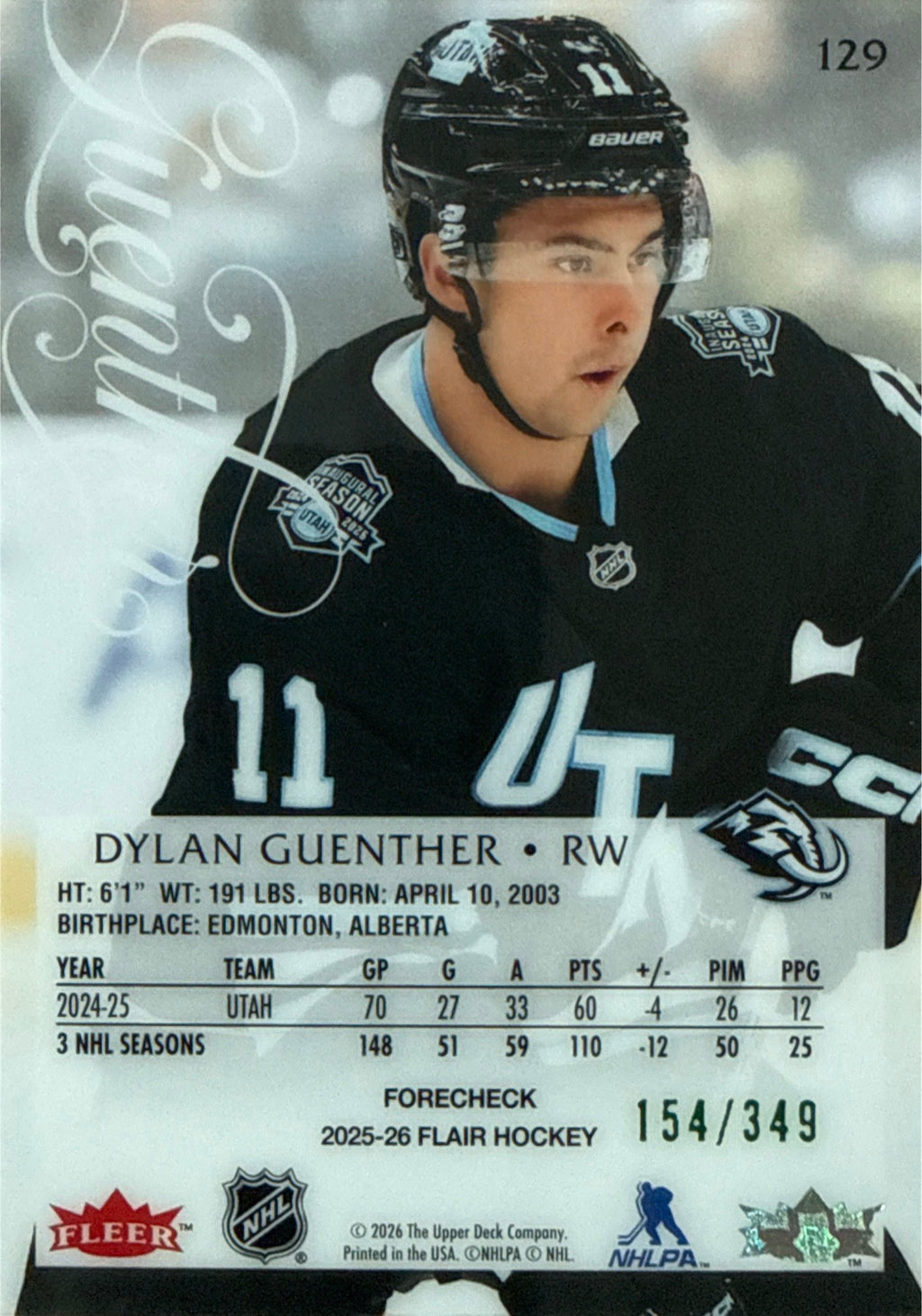 2025-26 Fleer Flair Hockey Dylan Guenther Forecheck #129 154/349 - Back