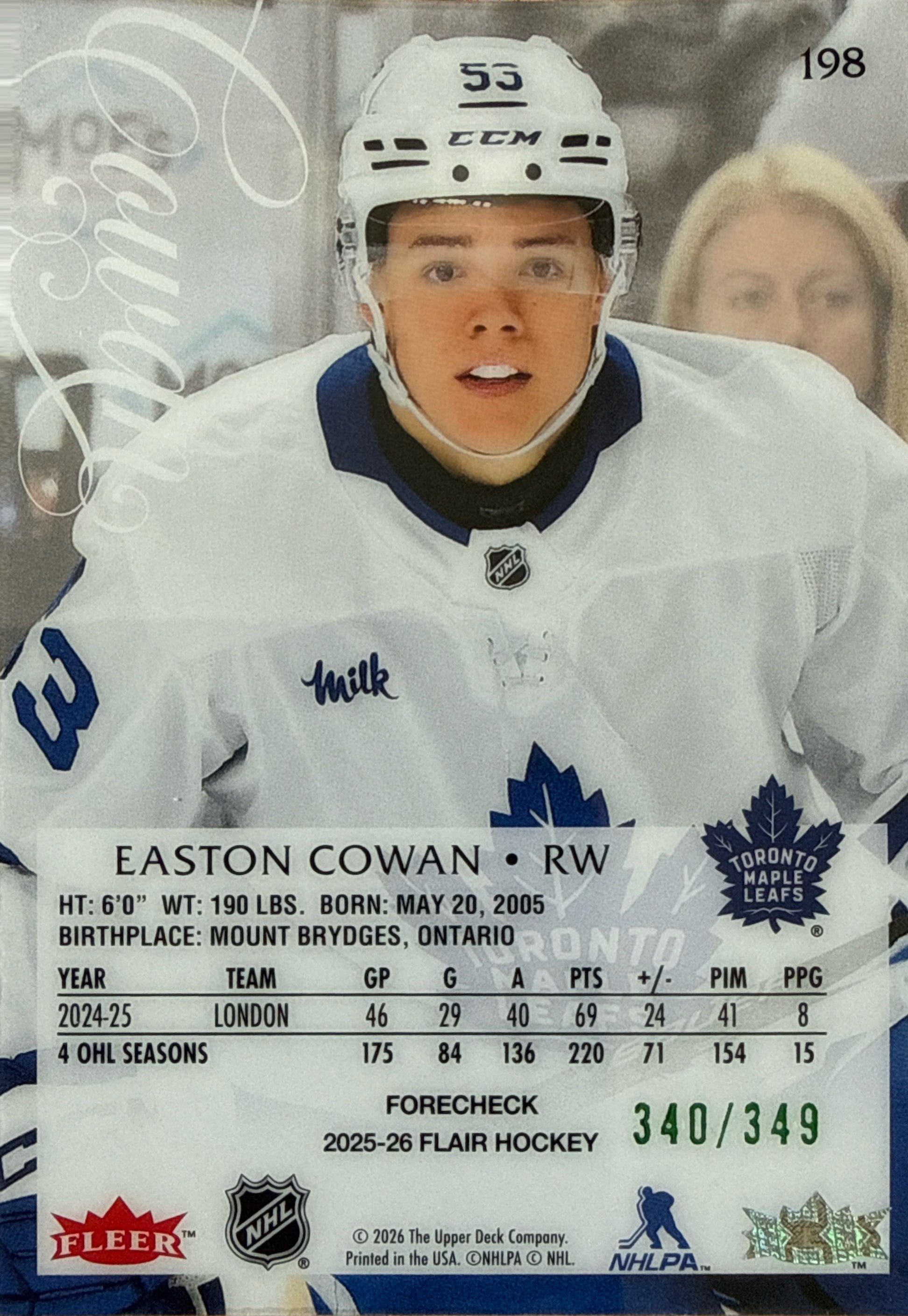 2025-2026 Upper Deck Flair Easton Cowan Forecheck #198 340/349