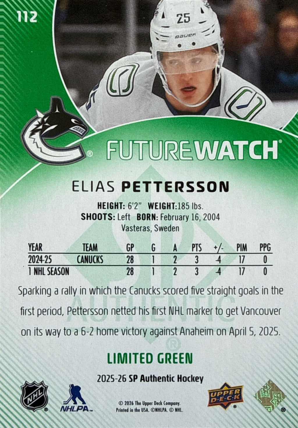 2025-2026 SP Authentic Elias Pettersson Future Watch Limited Green #112 116/199