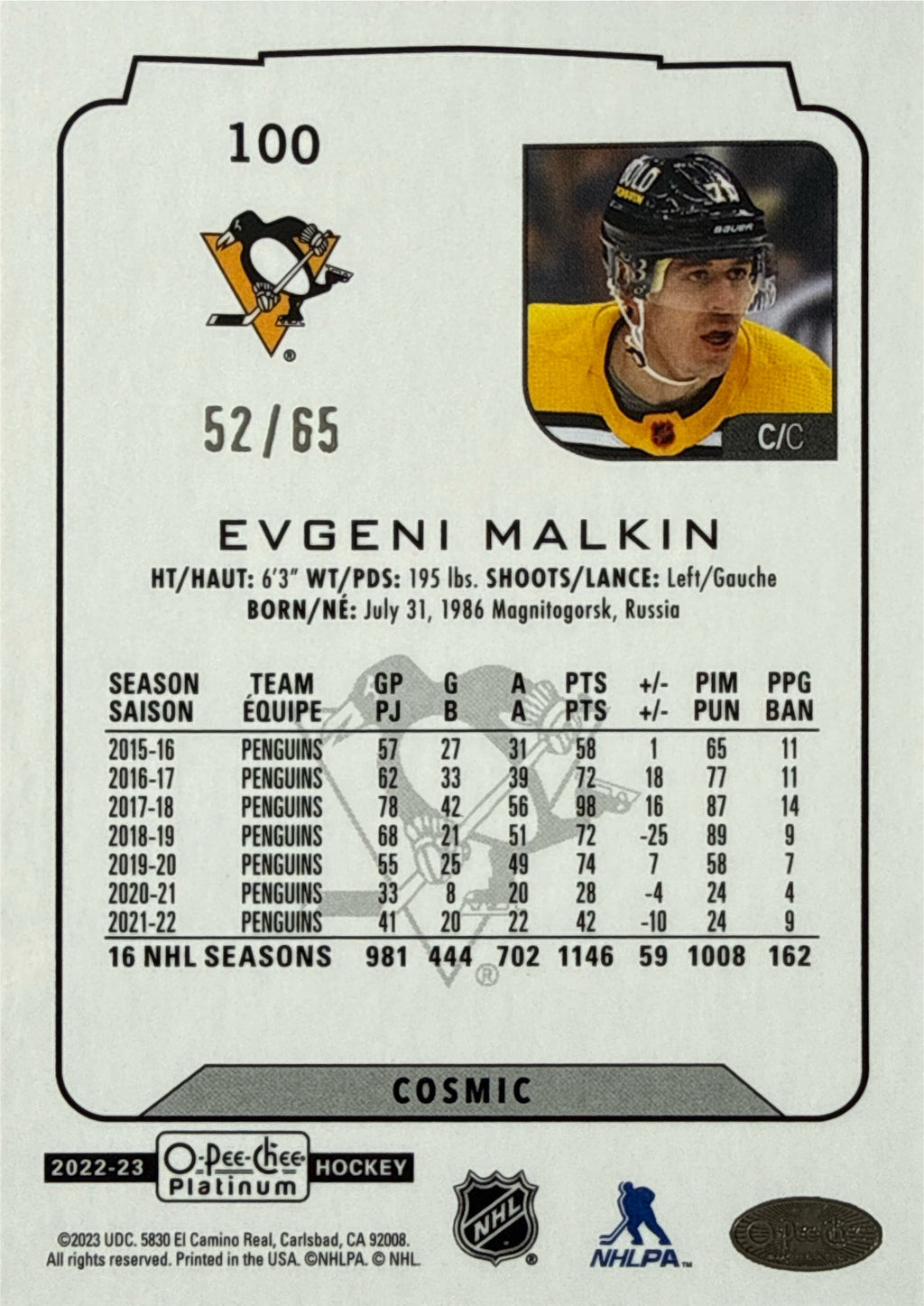 2022-23 OPC Platinum Evgeni Malkin Cosmic #100 52/65 - Back