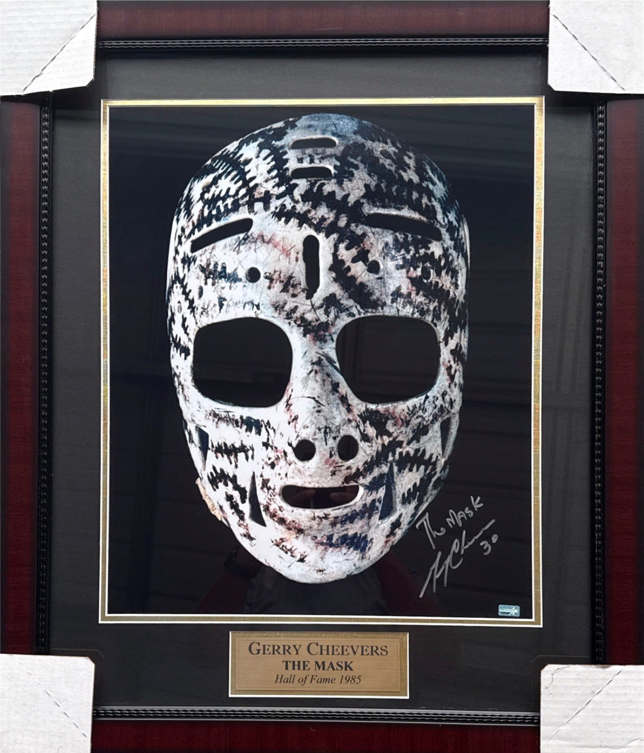 Gerry Cheevers The Mask autographed framed photo with Hall of Fame 1985 plaque