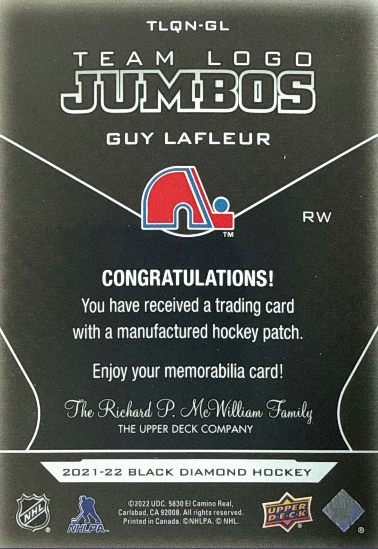 2021-22 Black Diamond Guy Lafleur Team Logo Jumbos #TLQN-GL - Back