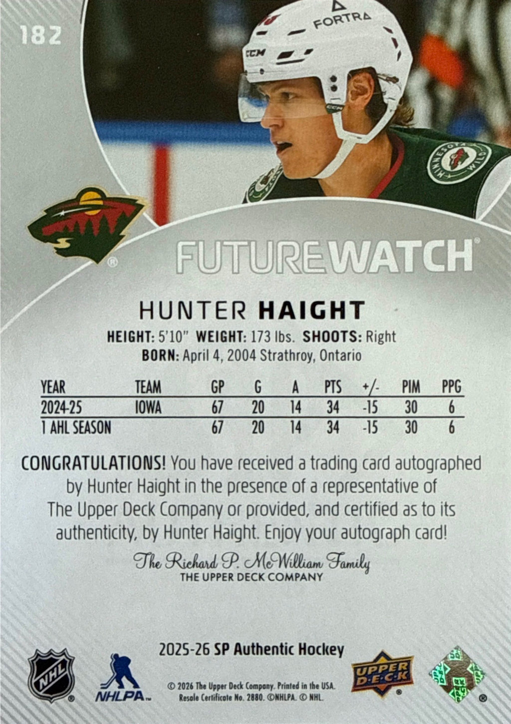 2025-26 SP Authentic Hunter Haight Future Watch Auto 909/999 - Back