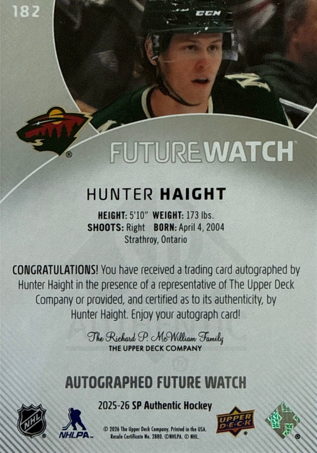 2025-26 SP Authentic Hunter Haight Horizontal Future Watch Auto 454/599 - Back