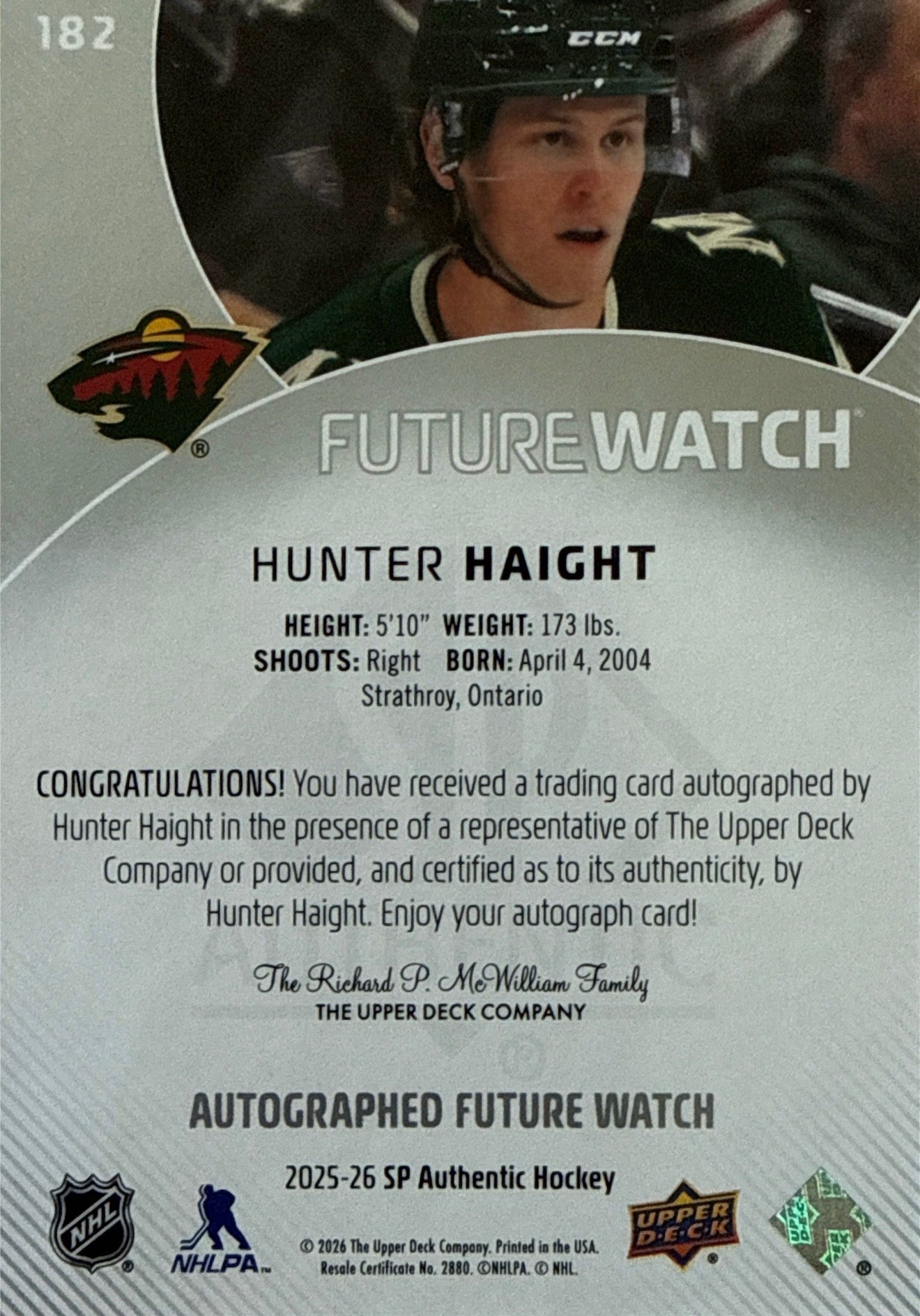 2025-26 SP Authentic Hunter Haight Horizontal Future Watch Auto 454/599 - Back