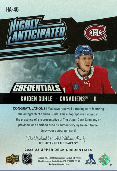 2022-23 Upper Deck Credentials Kaiden Guhle Highly Anticipated Auto #HA-46 - Back
