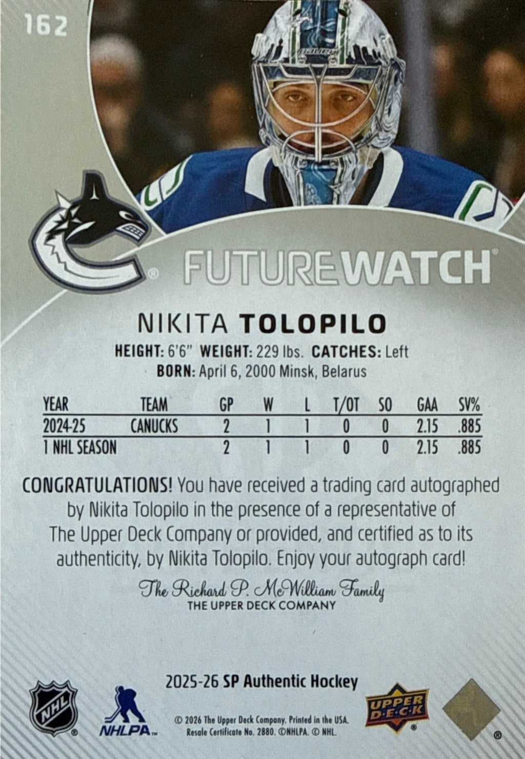 2025-26 SP Authentic Nikita Tolopilo Future Watch Auto 412/999 - Back