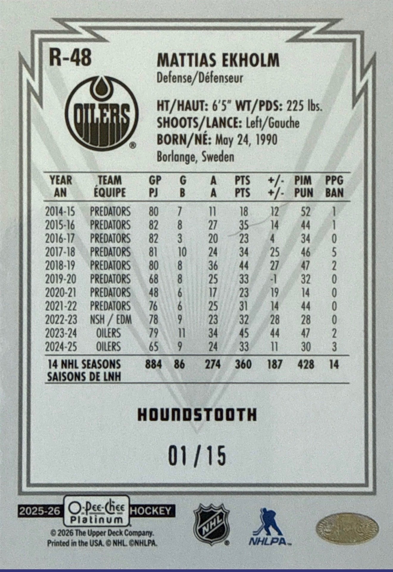 2025-26 OPC Platinum Mattias Ekholm Houndstooth R-48 01/15 - Back