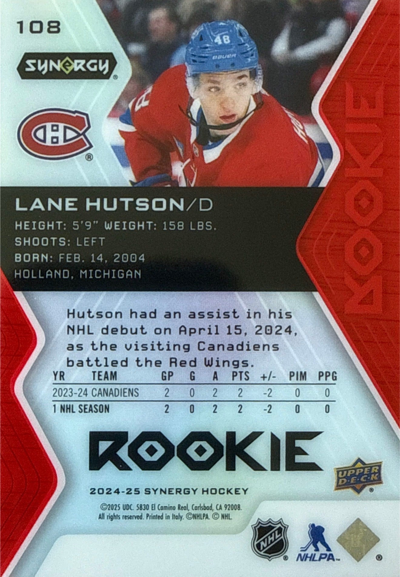 2024-25 Upper Deck Synergy Lane Hutson Red RC #108 - Back