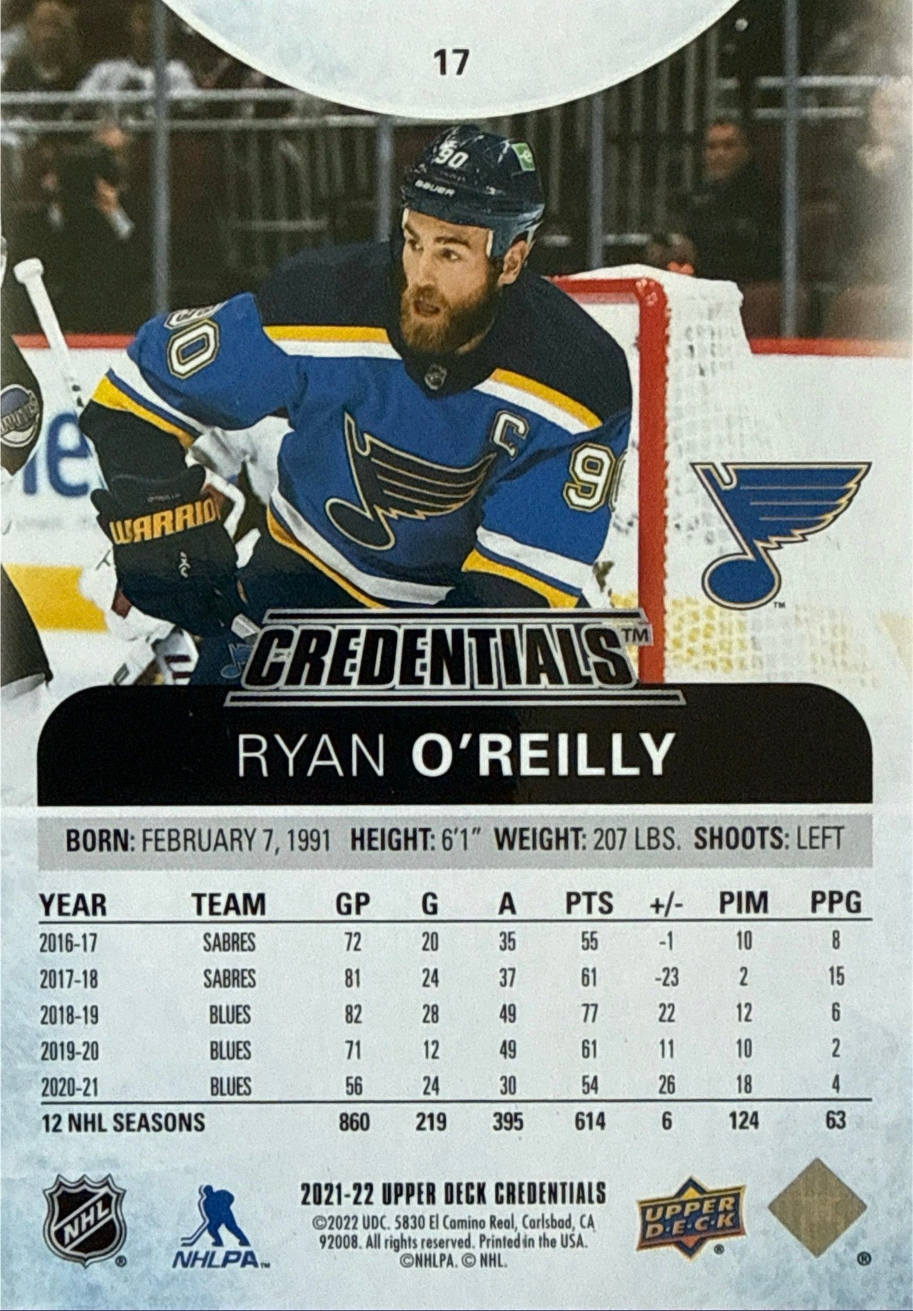 2021-22 Upper Deck Credentials Ryan O'Reilly Yellow #17 18/99 - Back