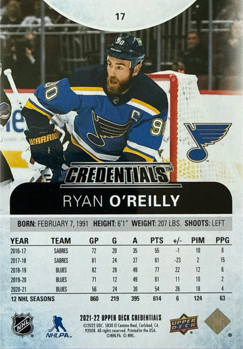 2021-22 Upper Deck Credentials Ryan O'Reilly Yellow #17 18/99 - Back