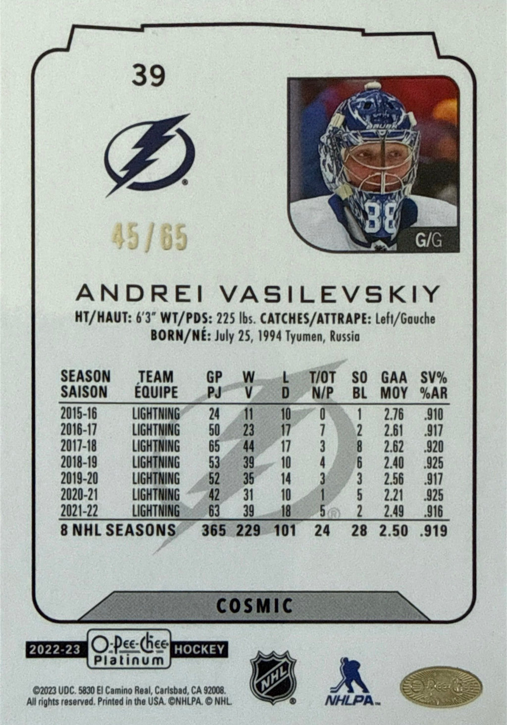 2022-23 OPC Platinum Andrei Vasilevskiy Cosmic #39 45/65 - Back