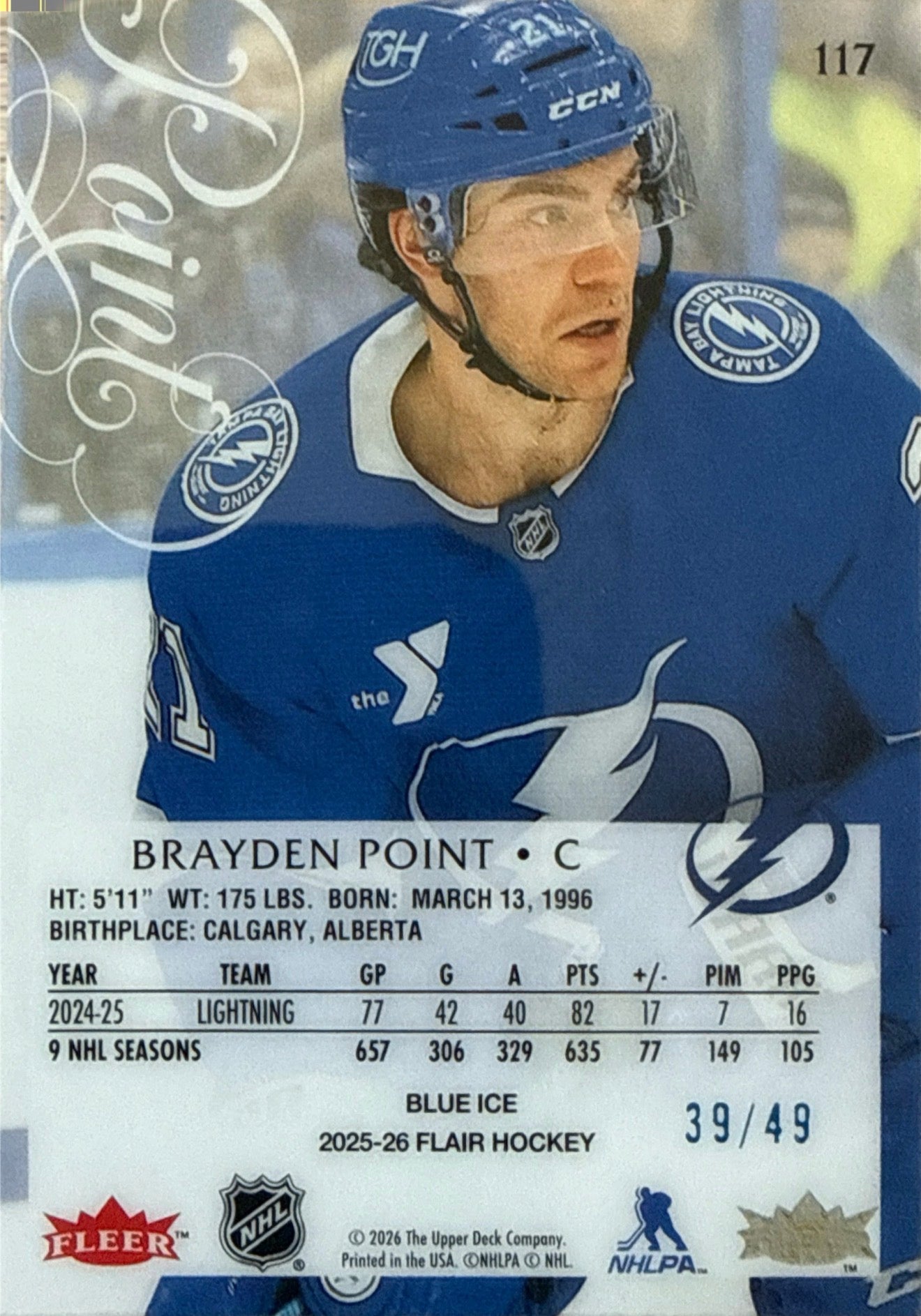 2025-26 Flair Brayden Point Blue Ice #117 39/49 - Back