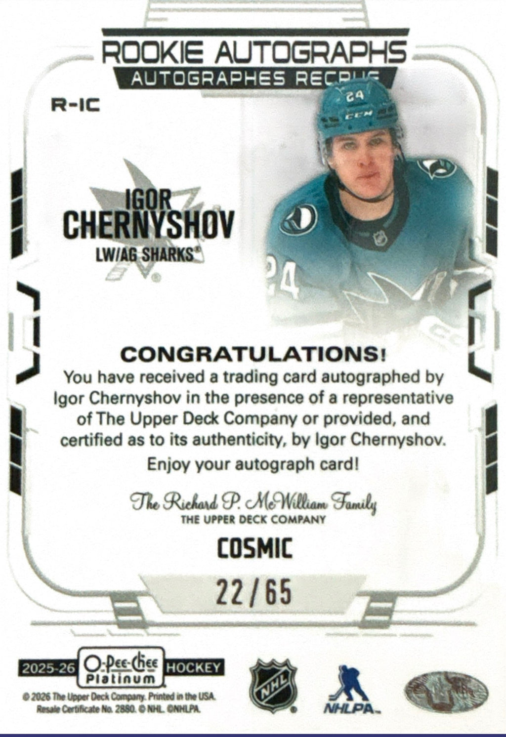 2025-2026 Igor Chernyshov O-Pee-Chee Platinum Cosmic Auto 22/65
