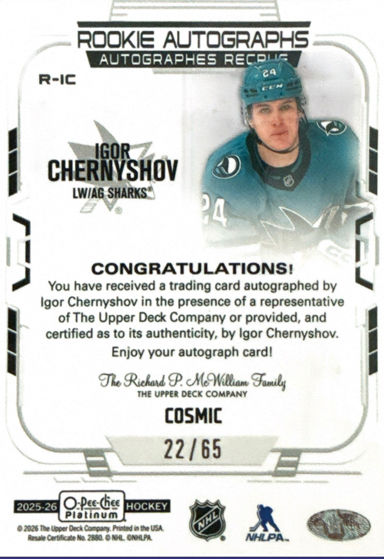 2025-2026 Igor Chernyshov O-Pee-Chee Platinum Cosmic Auto 22/65