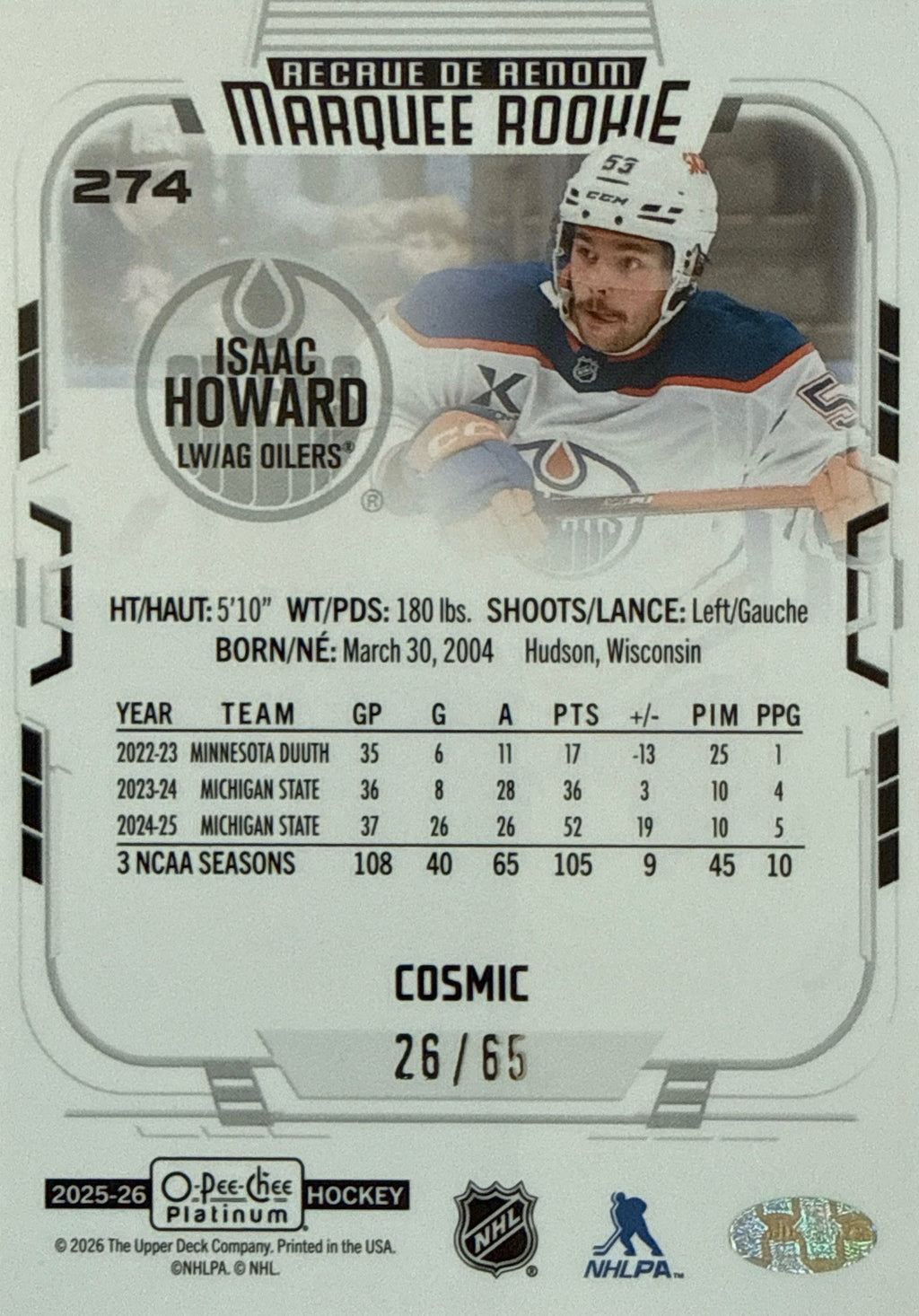 2025-26 O-Pee-Chee Platinum Isaac Howard Marquee Rookie Cosmic #274 26/65 - Back