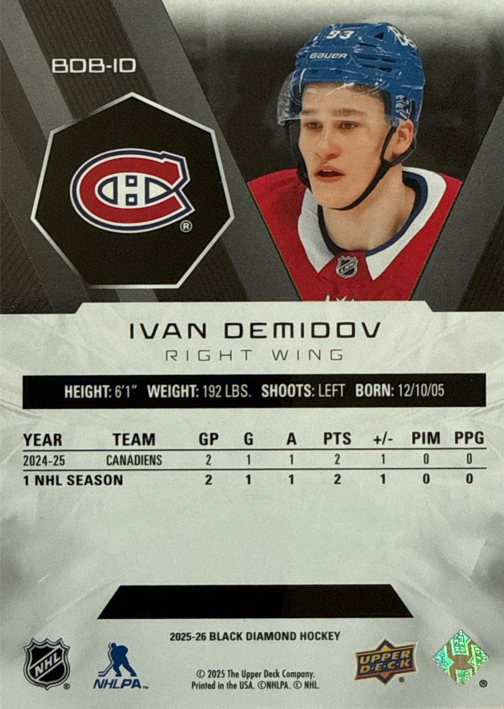 2025-26 Upper Deck Black Diamond Ivan Demidov #BDB-10 115/349 - Back