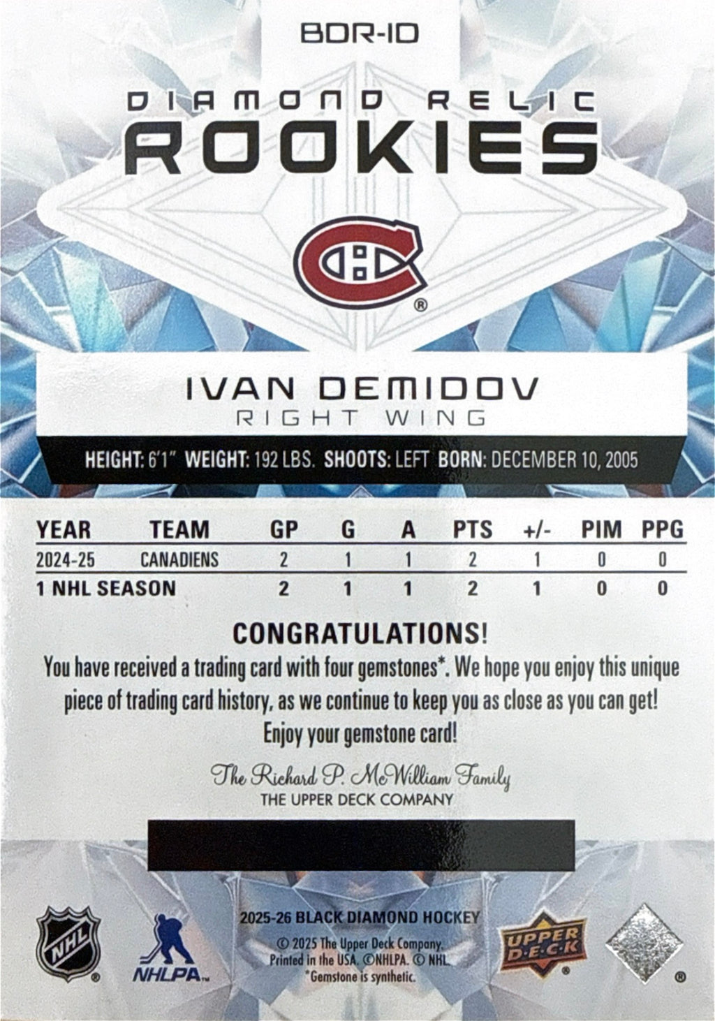 2025-26 Ivan Demidov Upper Deck Black Diamond Diamond Relic Rookies Quad Diamond #BDR-ID /99 - Back