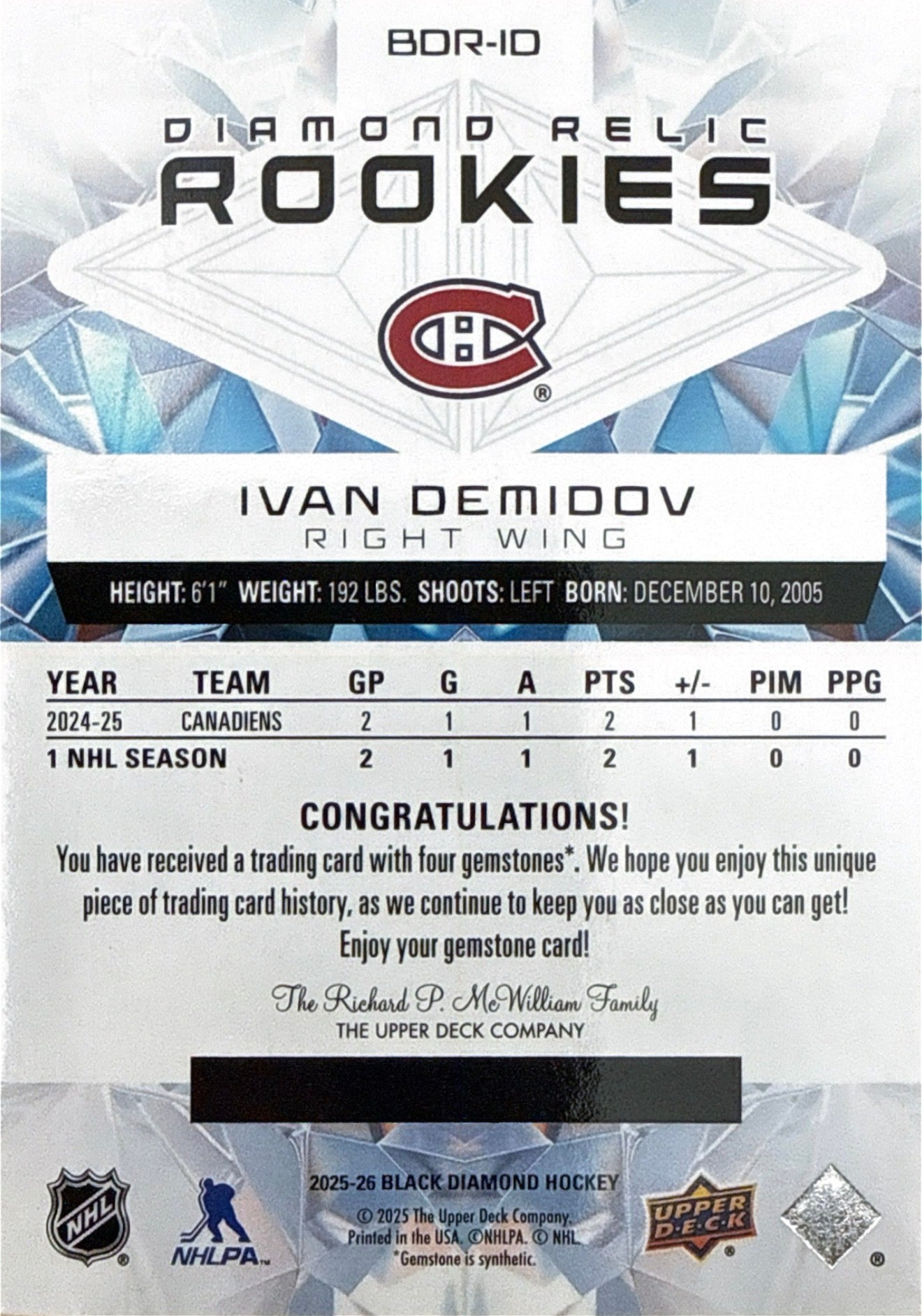2025-26 Ivan Demidov Upper Deck Black Diamond Diamond Relic Rookies Quad Diamond #BDR-ID /99 - Back