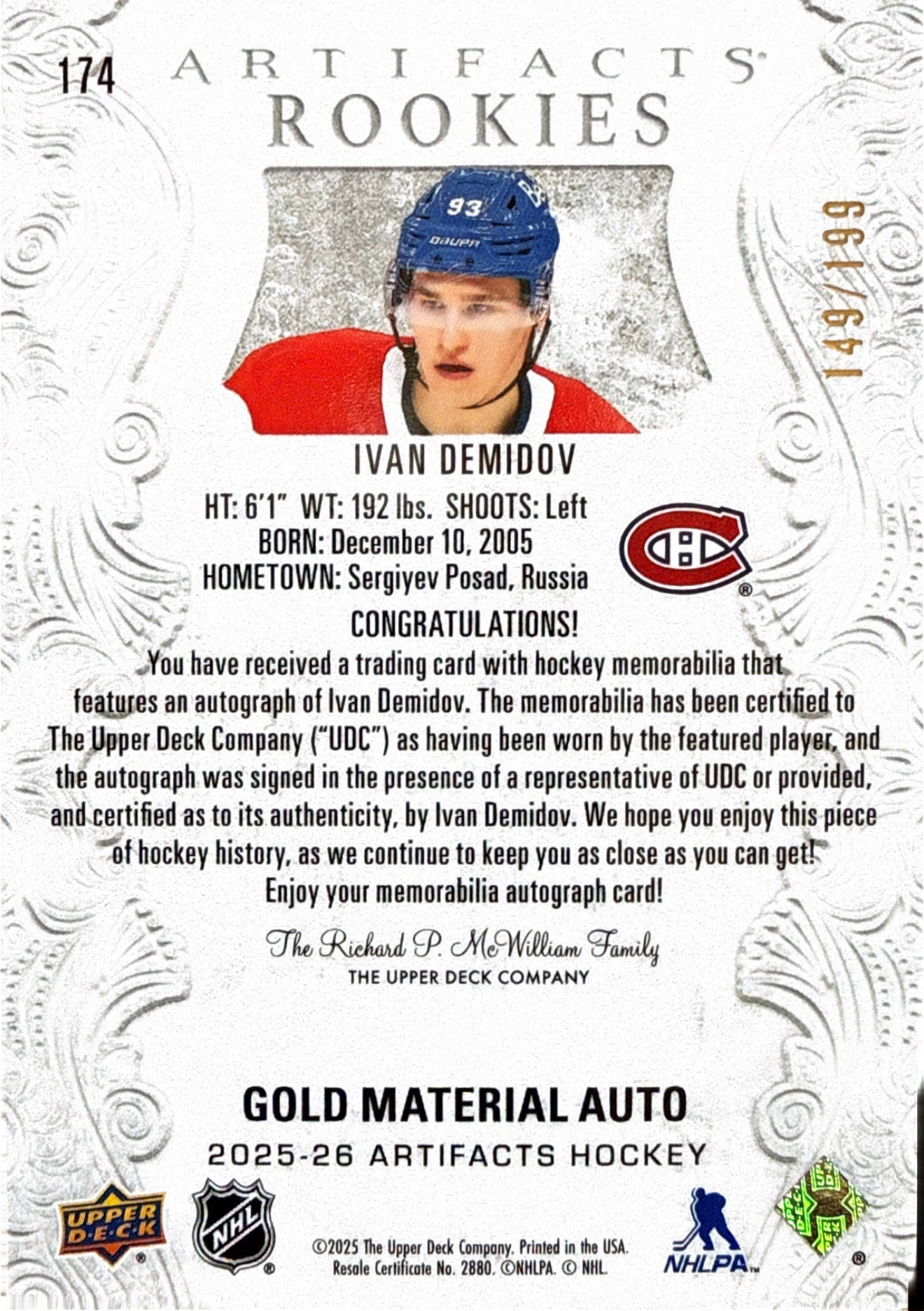 2025-26 Ivan Demidov Upper Deck Artifacts Gold Material Auto #174 149/199 - Back