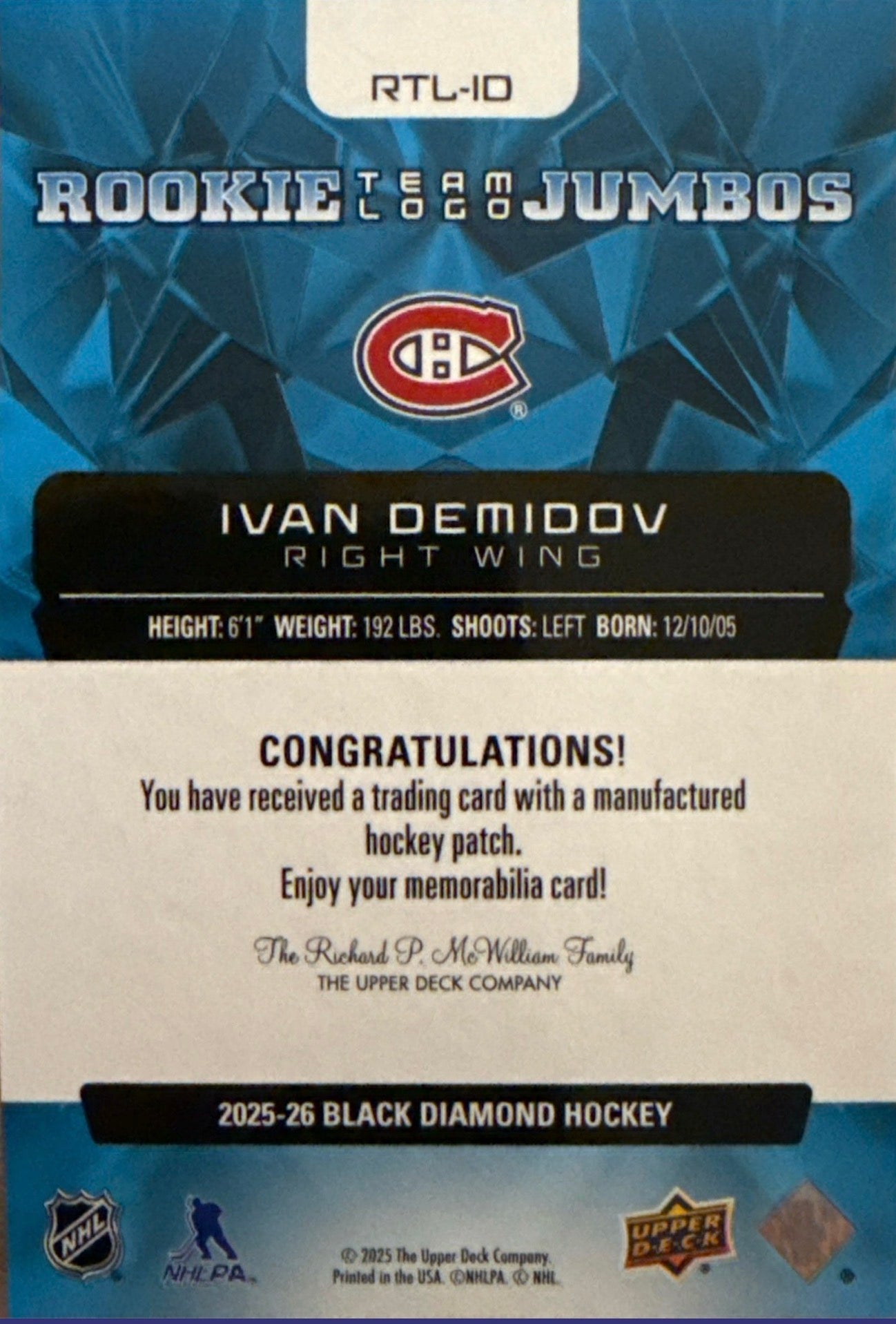 2025-26 Ivan Demidov Black Diamond Rookie Team Logo Jumbos Patch #RTL-10 - Back