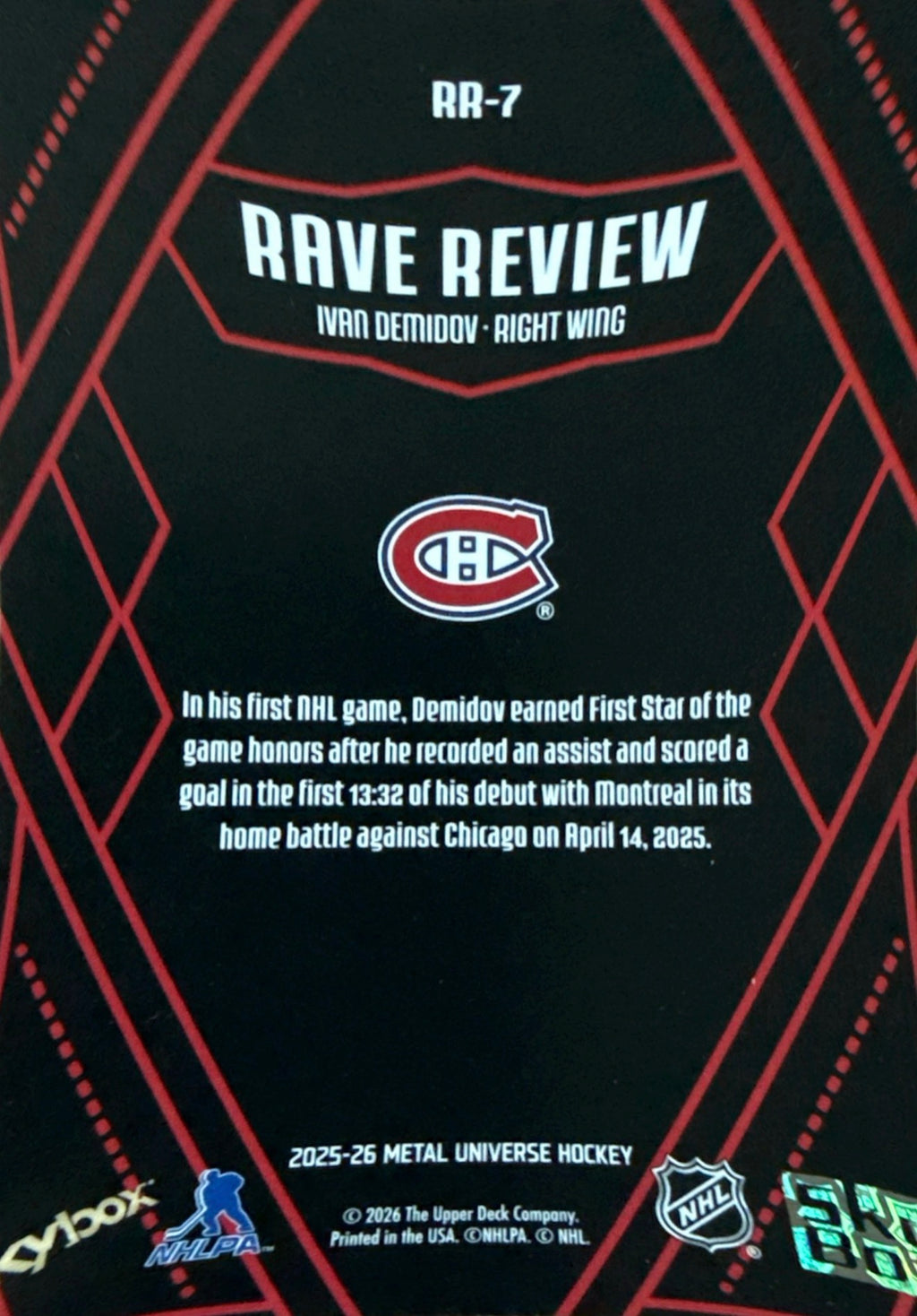 2025-26 SkyBox Metal Universe Ivan Demidov Rave Review #RR-7 - Back