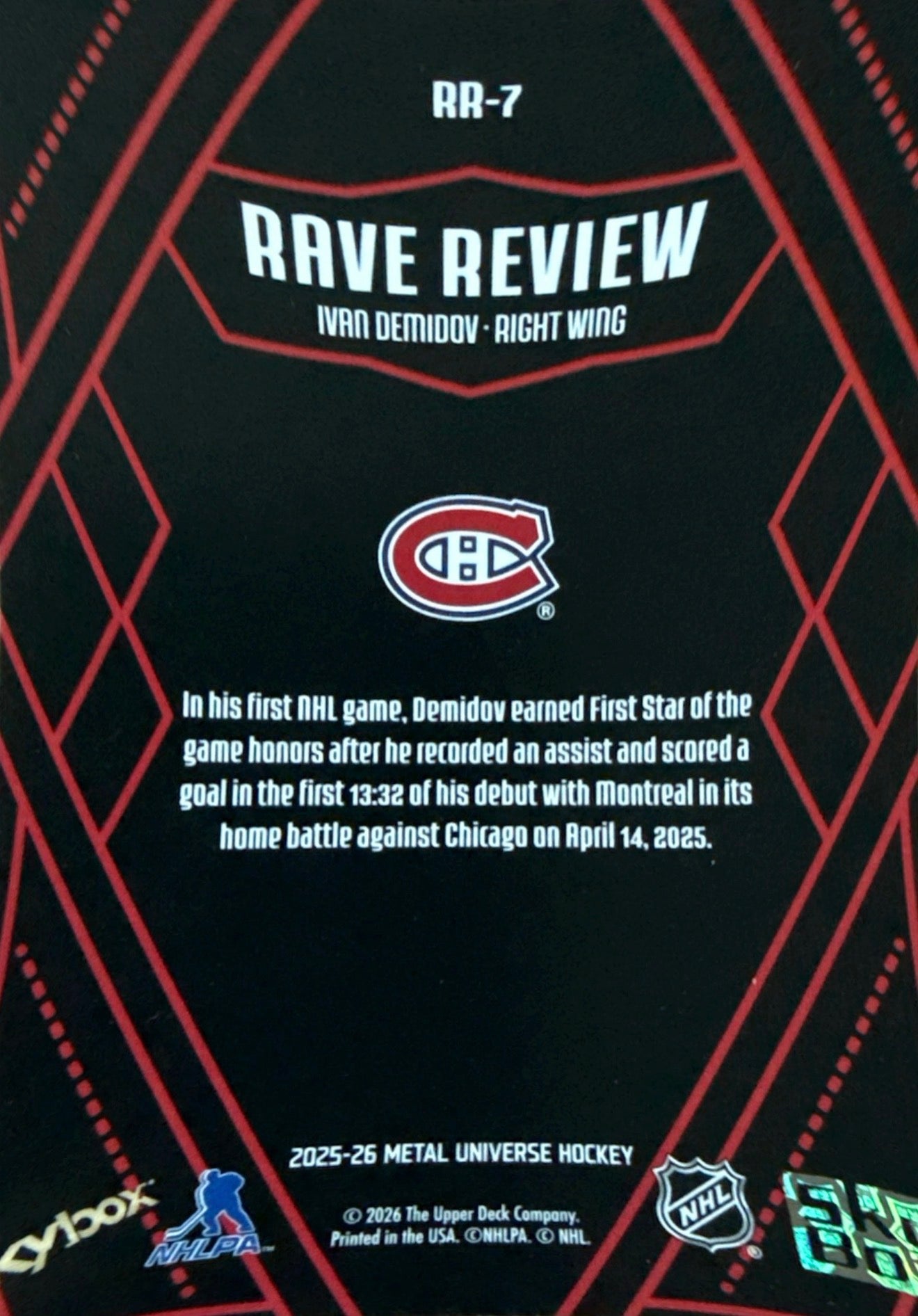 2025-26 SkyBox Metal Universe Ivan Demidov Rave Review #RR-7 - Back