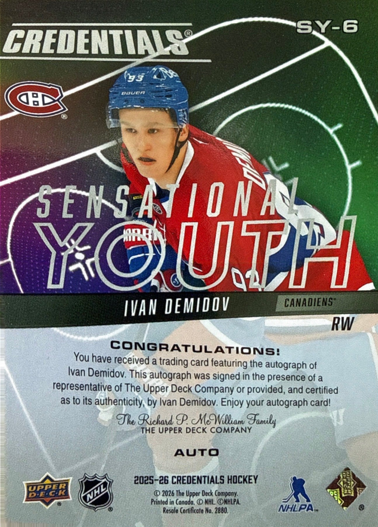 2025-26 Ivan Demidov Upper Deck Credentials Sensational Youth Auto #SY-6 - Back