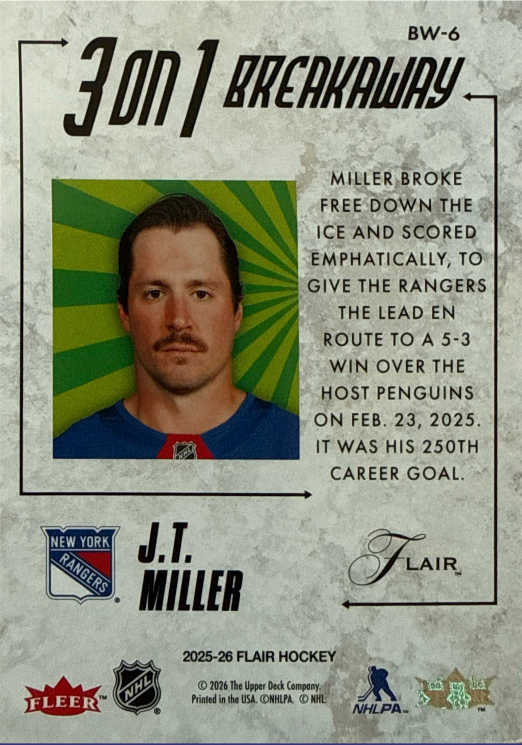 2025-26 Fleer Flair J.T. Miller 3 on 1 Breakaway #BW-6 - Back
