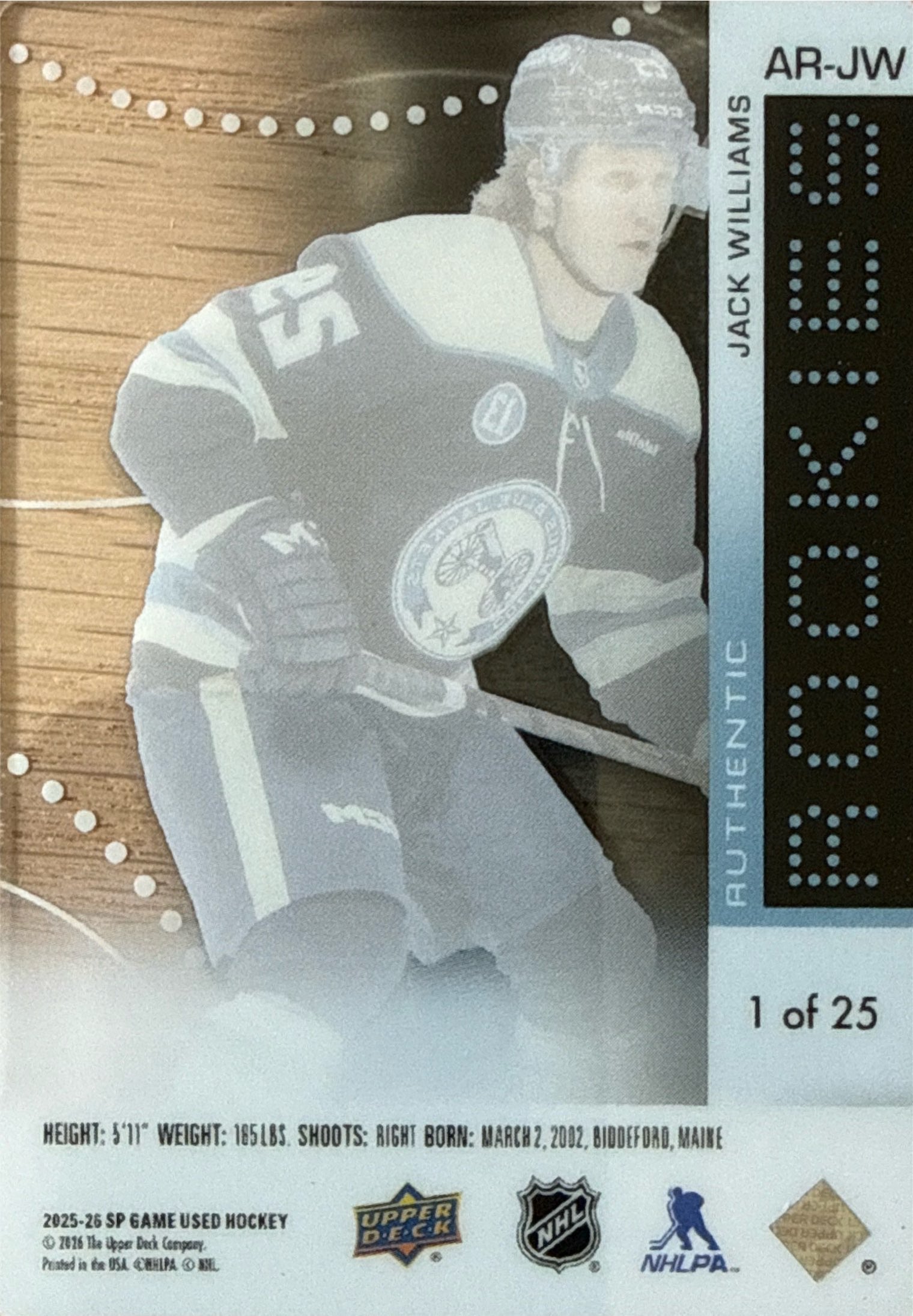 2025-2026 SP Game Used Jack Williams Authentic Rookies Crystal #ARJW 1/25