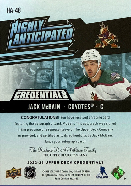 2022-23 Upper Deck Credentials Jack McBain Highly Anticipated Auto #HA-48 - Back