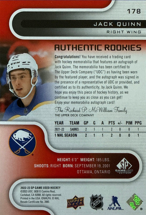 2022-23 SP Game Used Jack Quinn Authentic Rookies Patch Auto 26/49 - Back