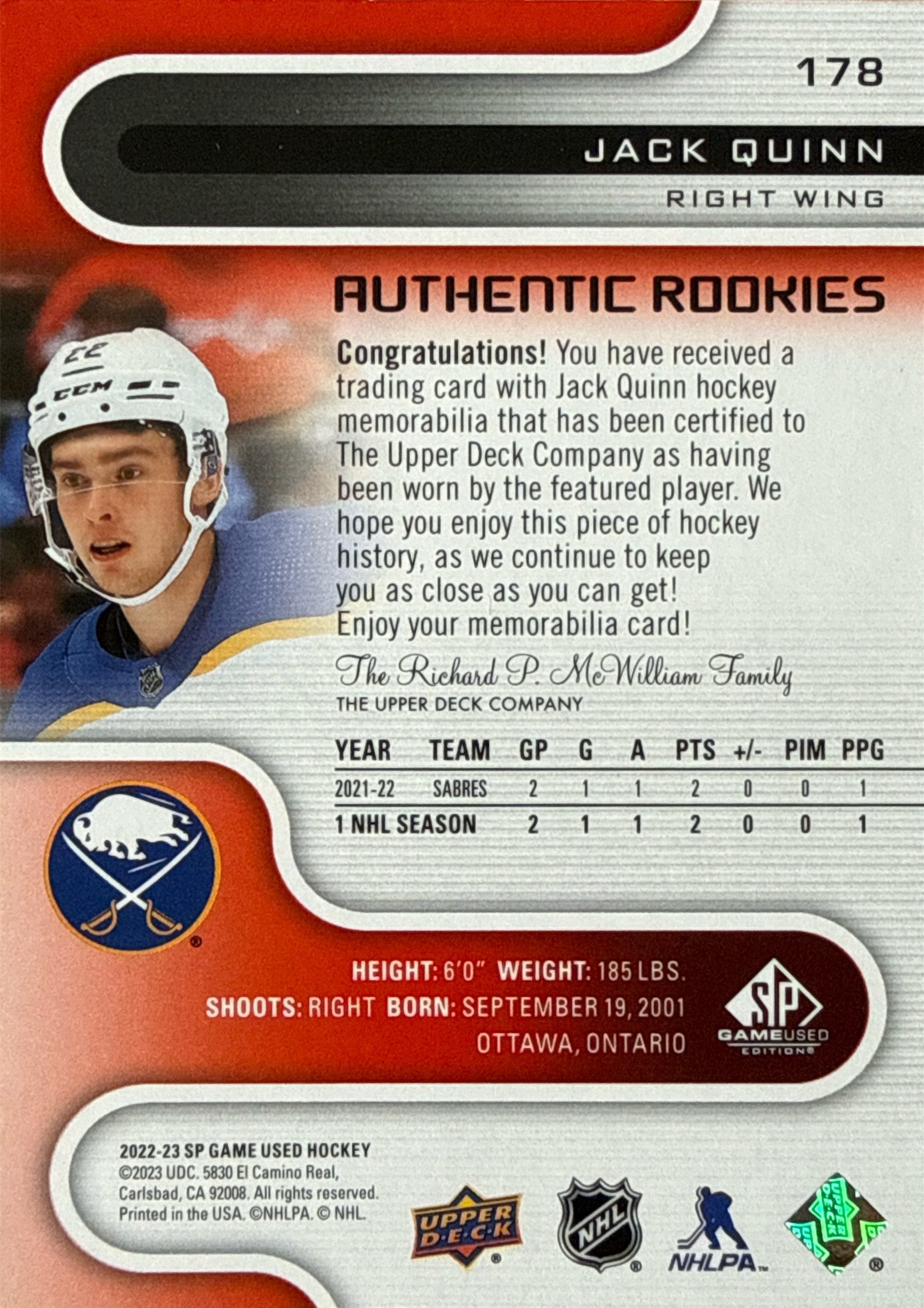 2022-23 SP Game Used Jack Quinn Authentic Rookies Jersey Relic #178 - Back