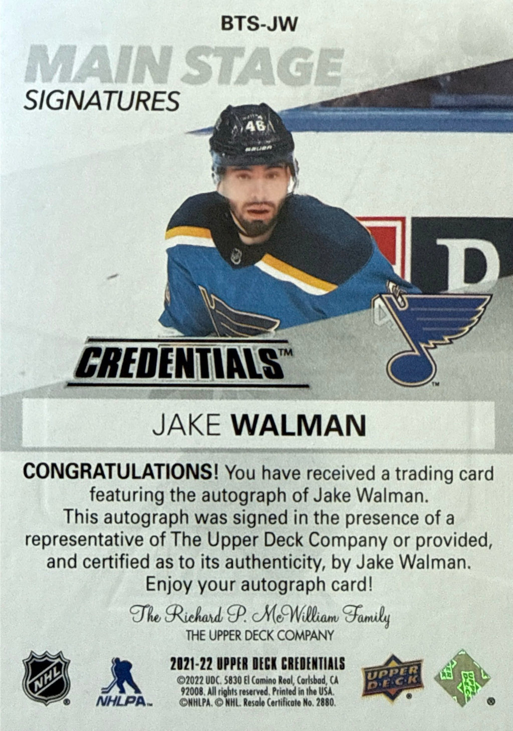 2021-22 Upper Deck Credentials Jake Walman Main Stage Signatures #BTS-JW - Back