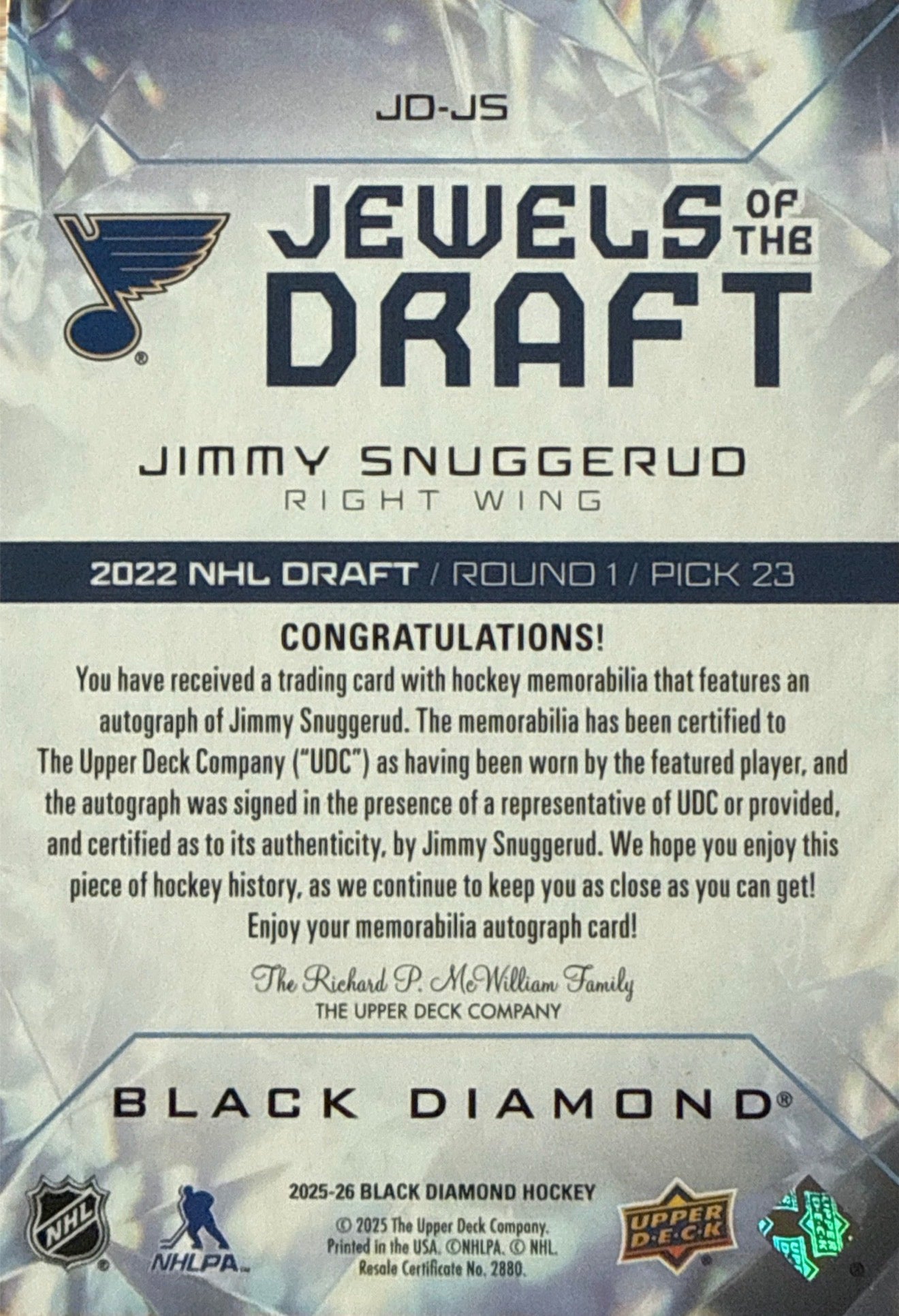 2025-26 Jimmy Snuggerud Black Diamond Jewels of the Draft Auto Patch 45/49 - Back