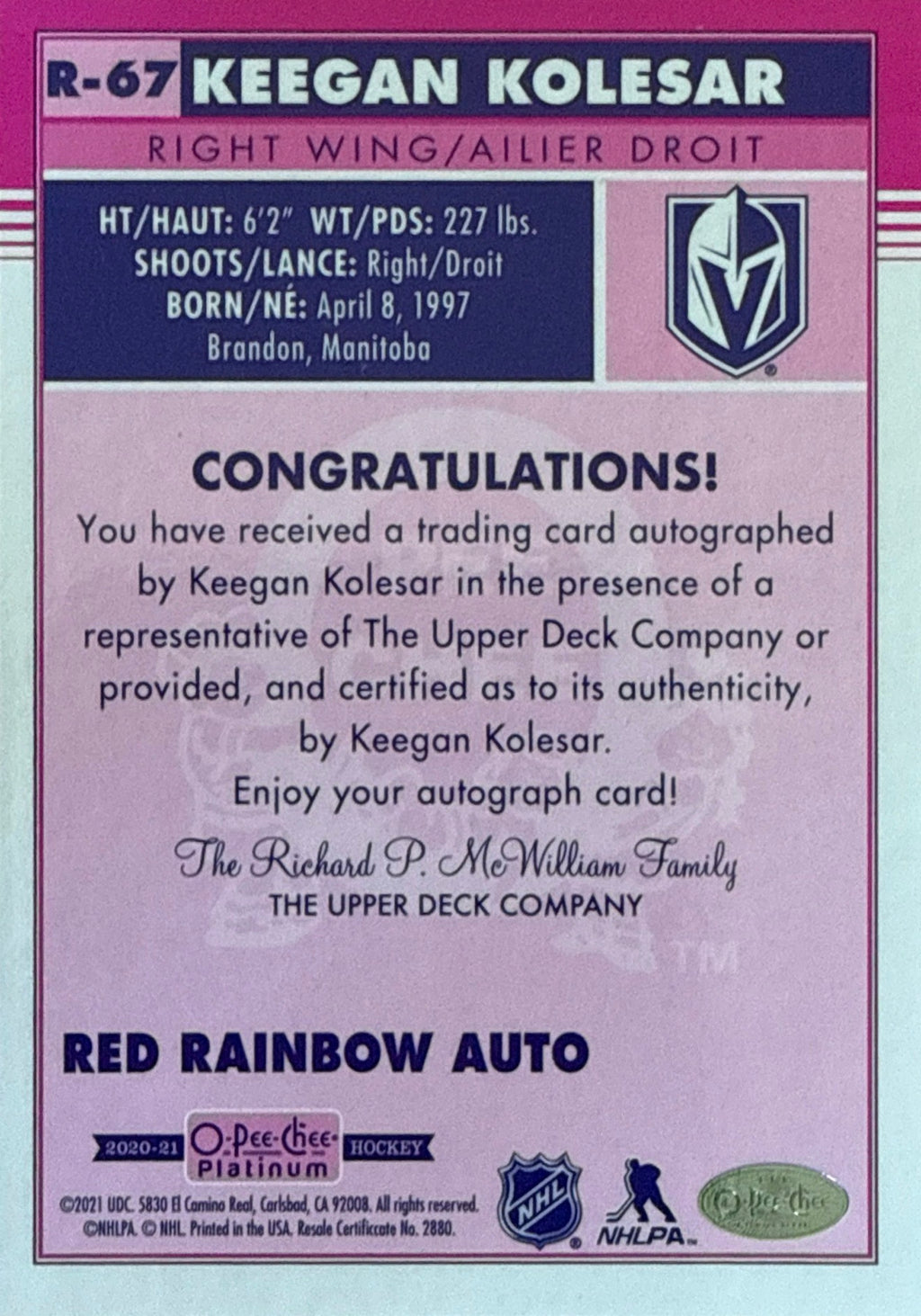 2020-21 O-Pee-Chee Platinum Keegan Kolesar Red Rainbow Rookie Auto #R-67 - Back