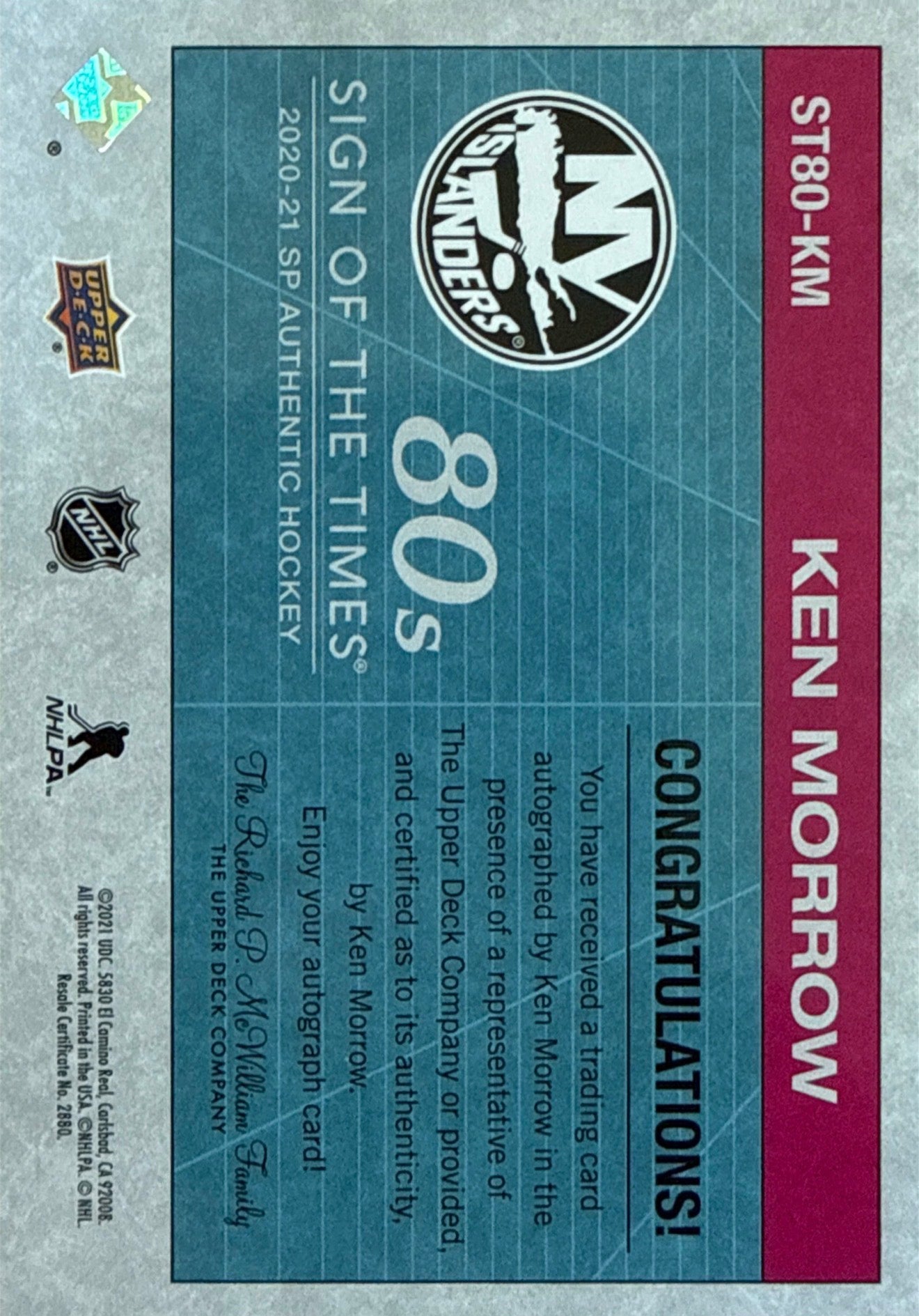 2020-21 SP Authentic Ken Morrow Sign of the Times 80s Auto #ST80-KM - Back