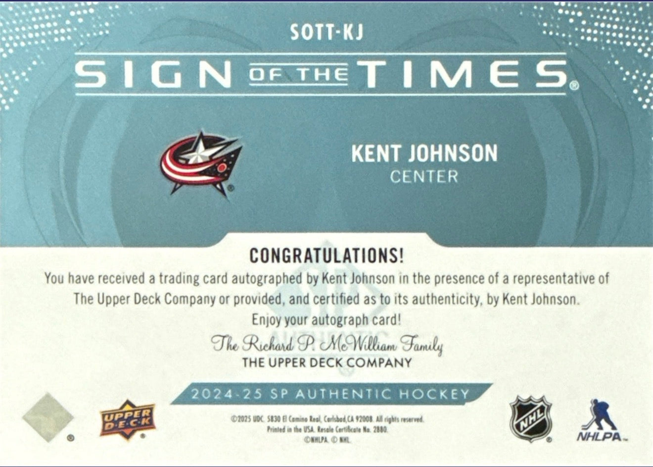 2024-25 SP Authentic Kent Johnson Sign of the Times Auto #SOTT-KJ Back