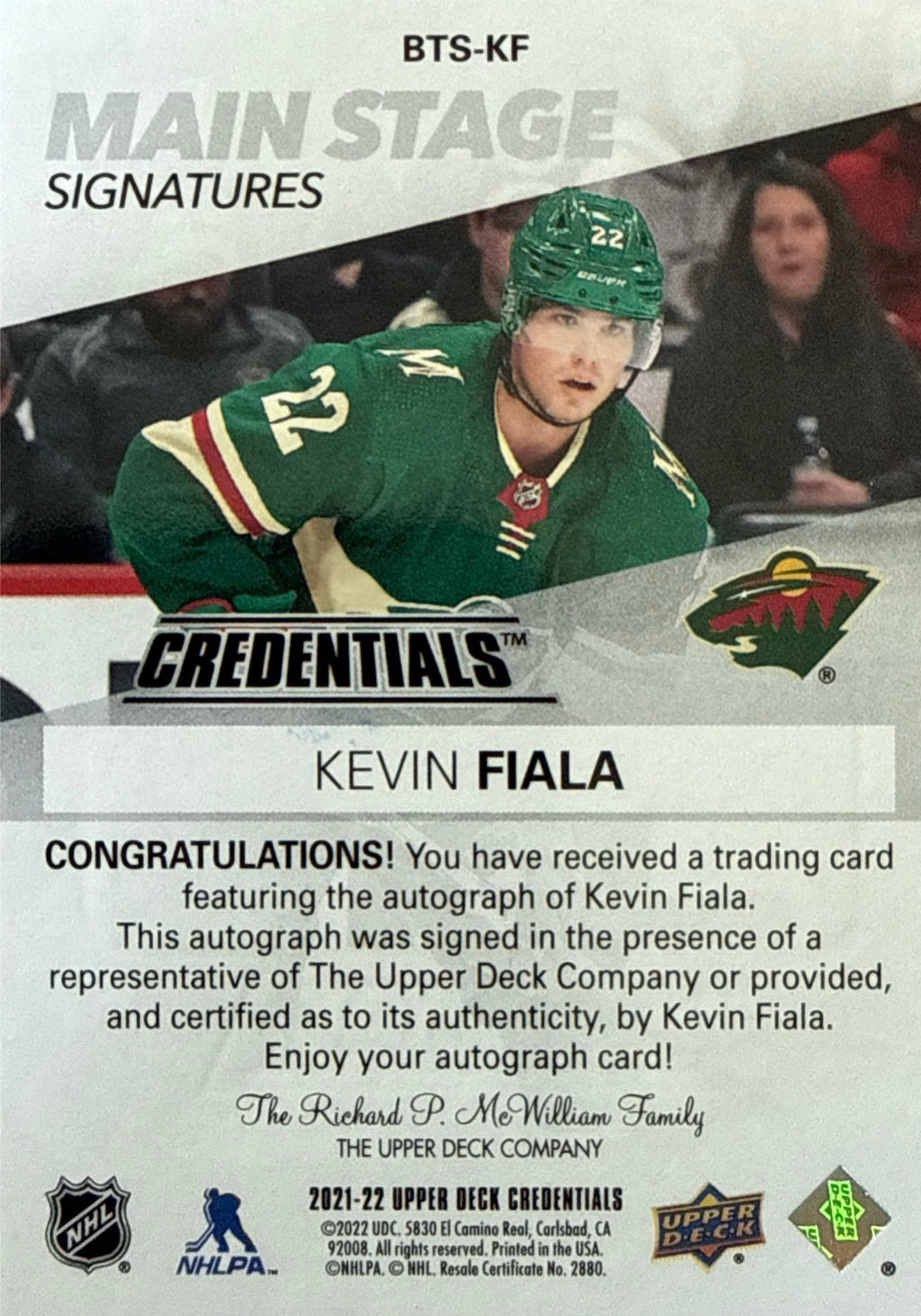 2021-22 Upper Deck Credentials Kevin Fiala Main Stage Signatures #BTS-KF - Back