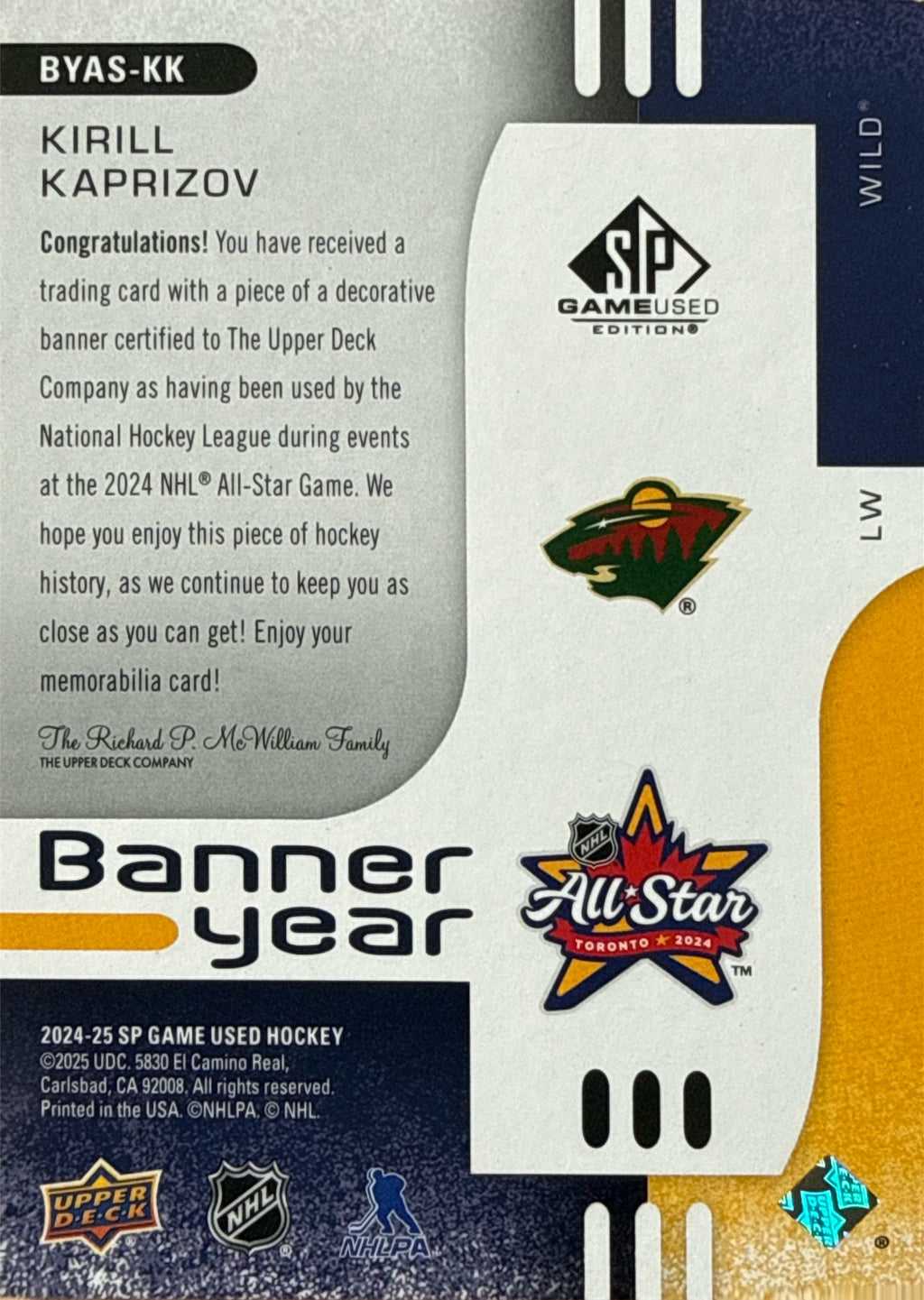 2024-25 SP Game Used Kirill Kaprizov Banner Year All-Star #BYAS-KK - Back
