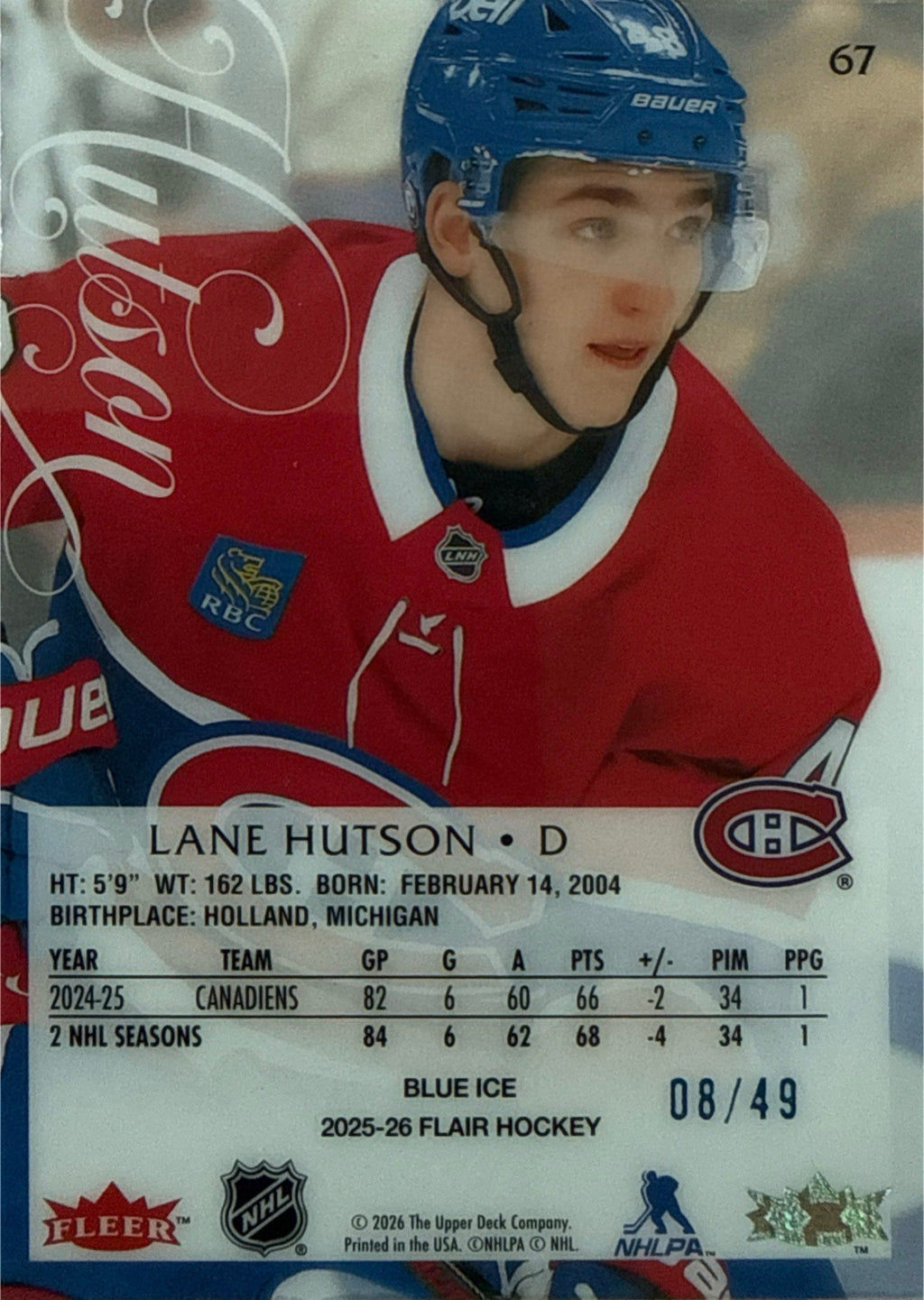 2025-26 Fleer Flair Hockey Lane Hutson Blue Ice #67 08/49 - Back