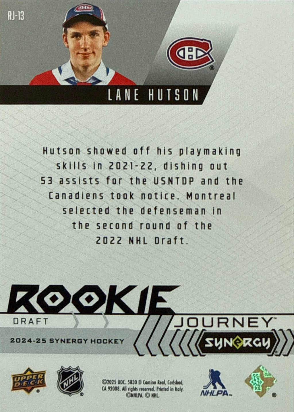 2024-25 Upper Deck Synergy Lane Hutson Rookie Journey Draft #RJ-13 - Back