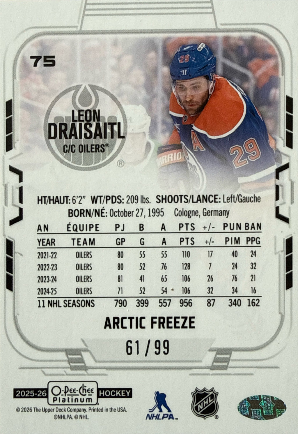 2025-26 OPC Platinum Leon Draisaitl Arctic Freeze #75 /99 - Back