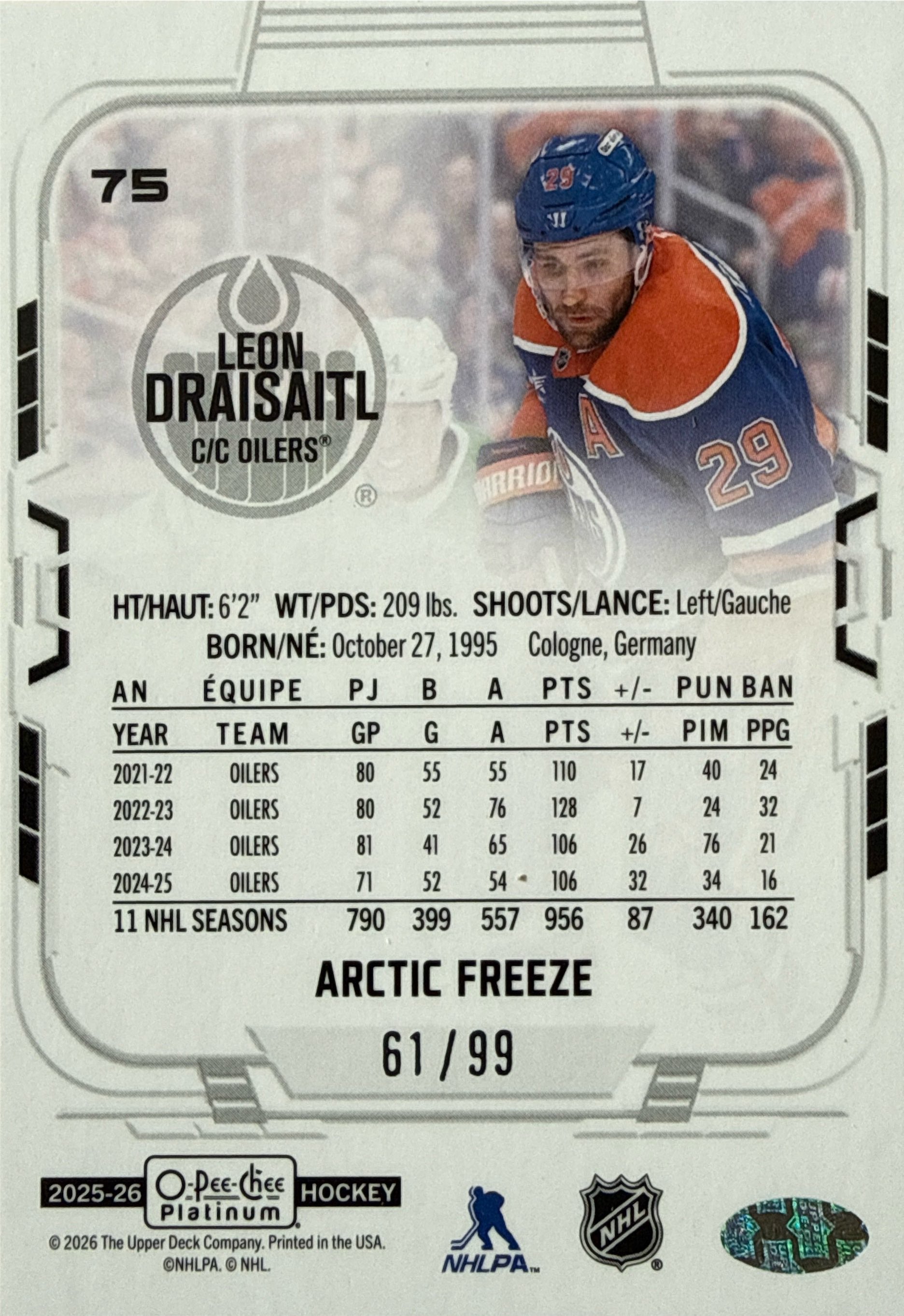 2025-26 OPC Platinum Leon Draisaitl Arctic Freeze #75 /99 - Back