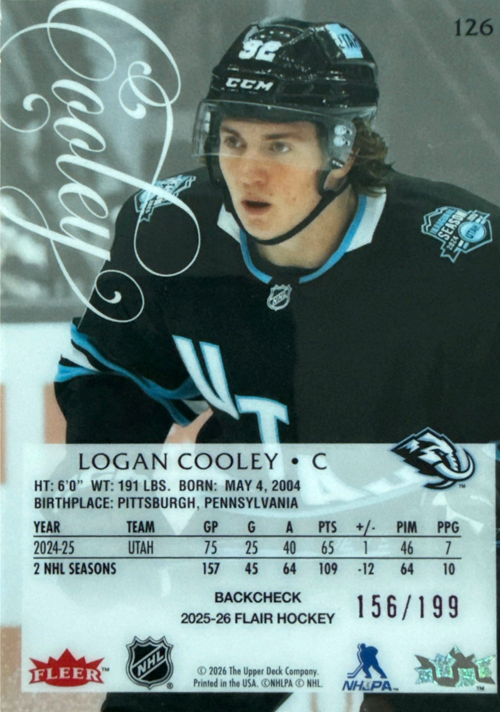 2025-26 Fleer Flair Hockey Logan Cooley Backcheck #126 156/199 - Back