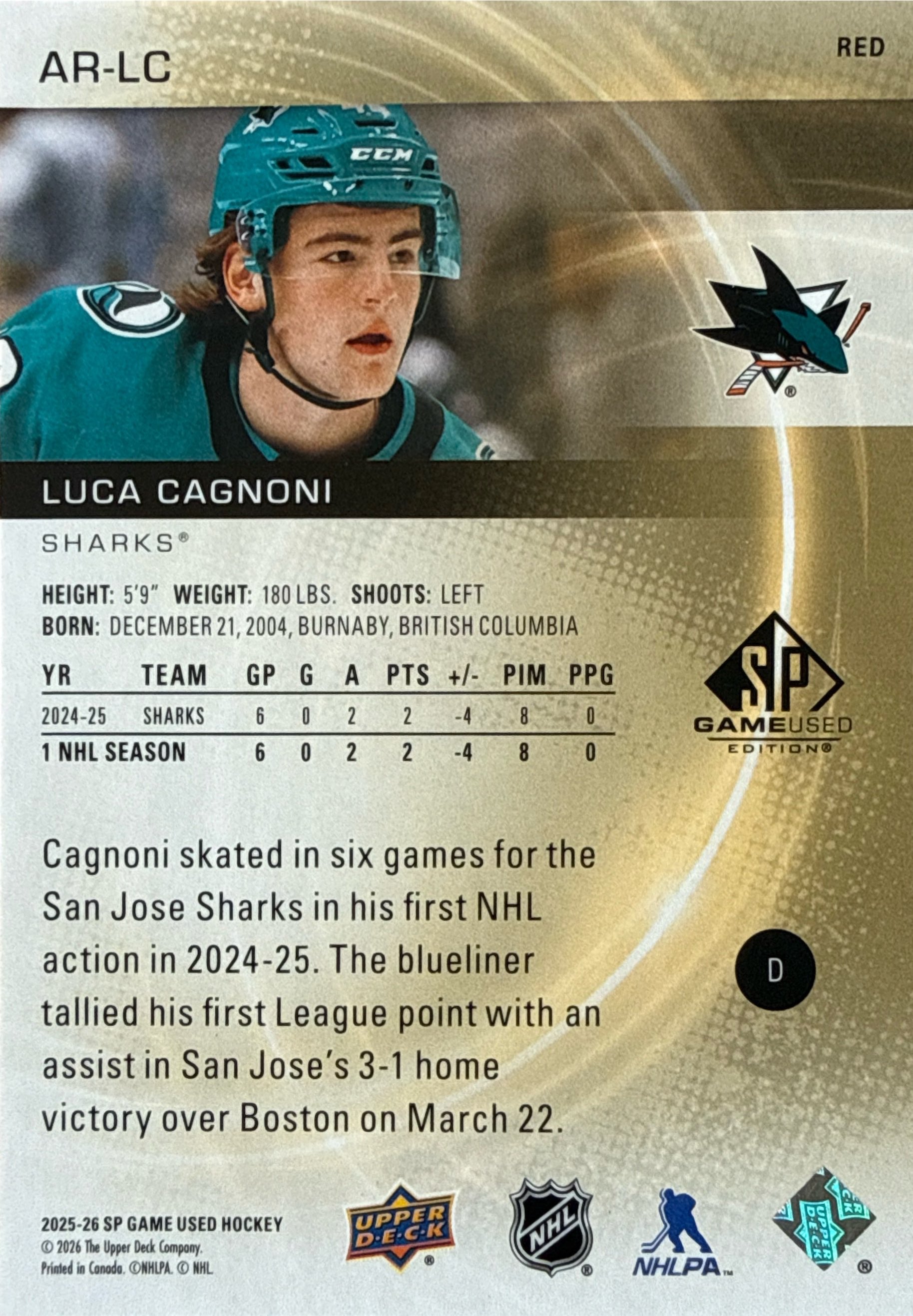 2025-26 SP Game Used Luca Cagnoni Authentic Rookies Red #AR-LC 040/399 - Back