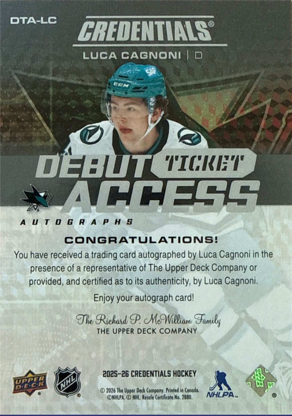 2025-26 Upper Deck Credentials Luca Cagnoni Debut Ticket Access Auto 112/199 - Back