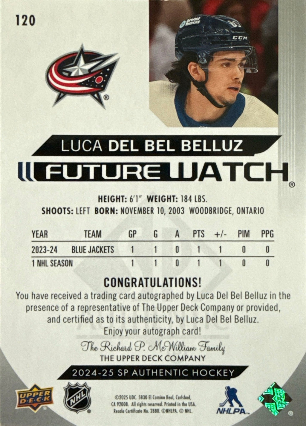 2024-25 SP Authentic Luca Del Bel Belluz Future Watch Auto #120 378/999 Back