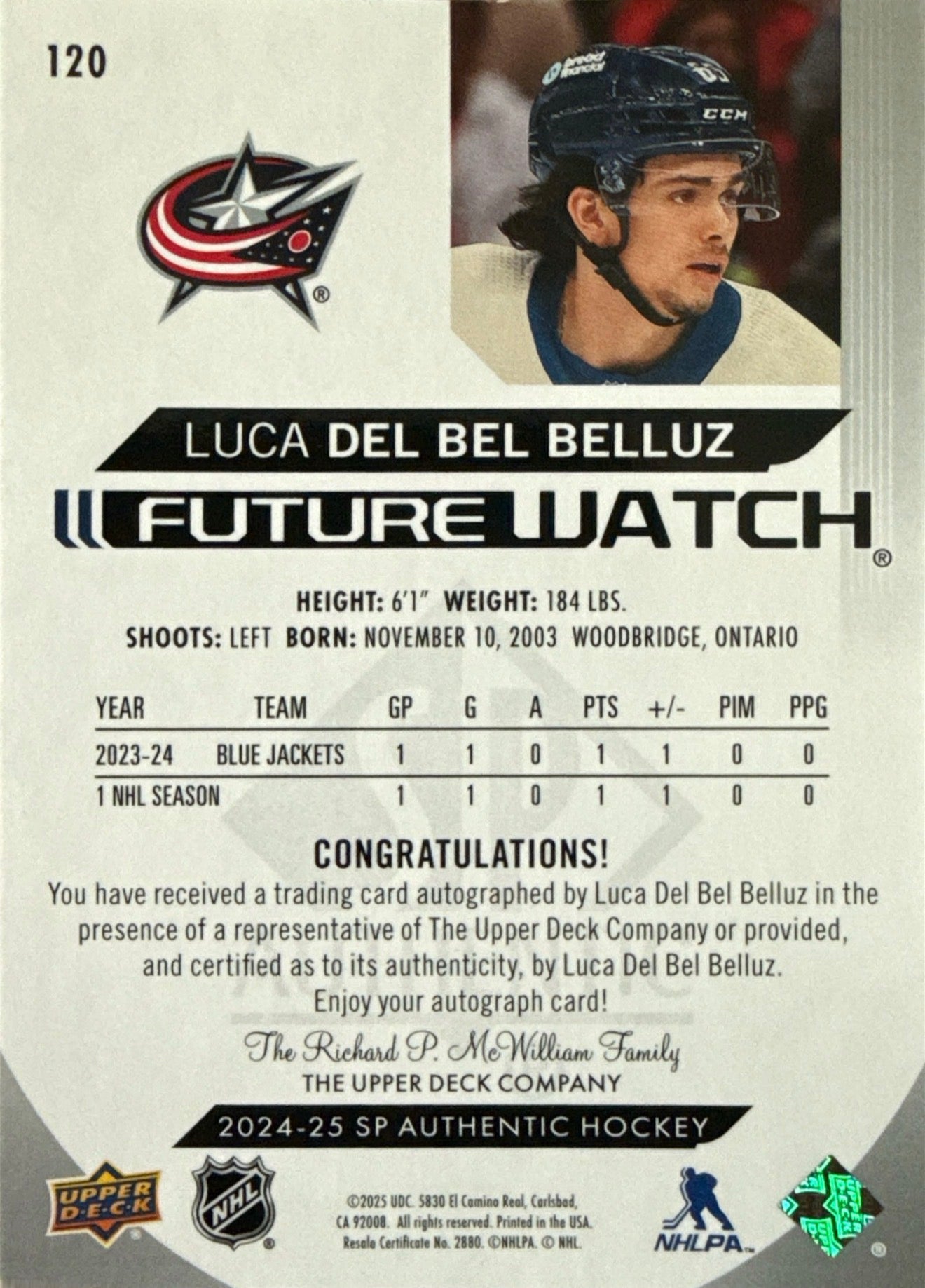2024-25 SP Authentic Luca Del Bel Belluz Future Watch Auto #120 378/999 Back